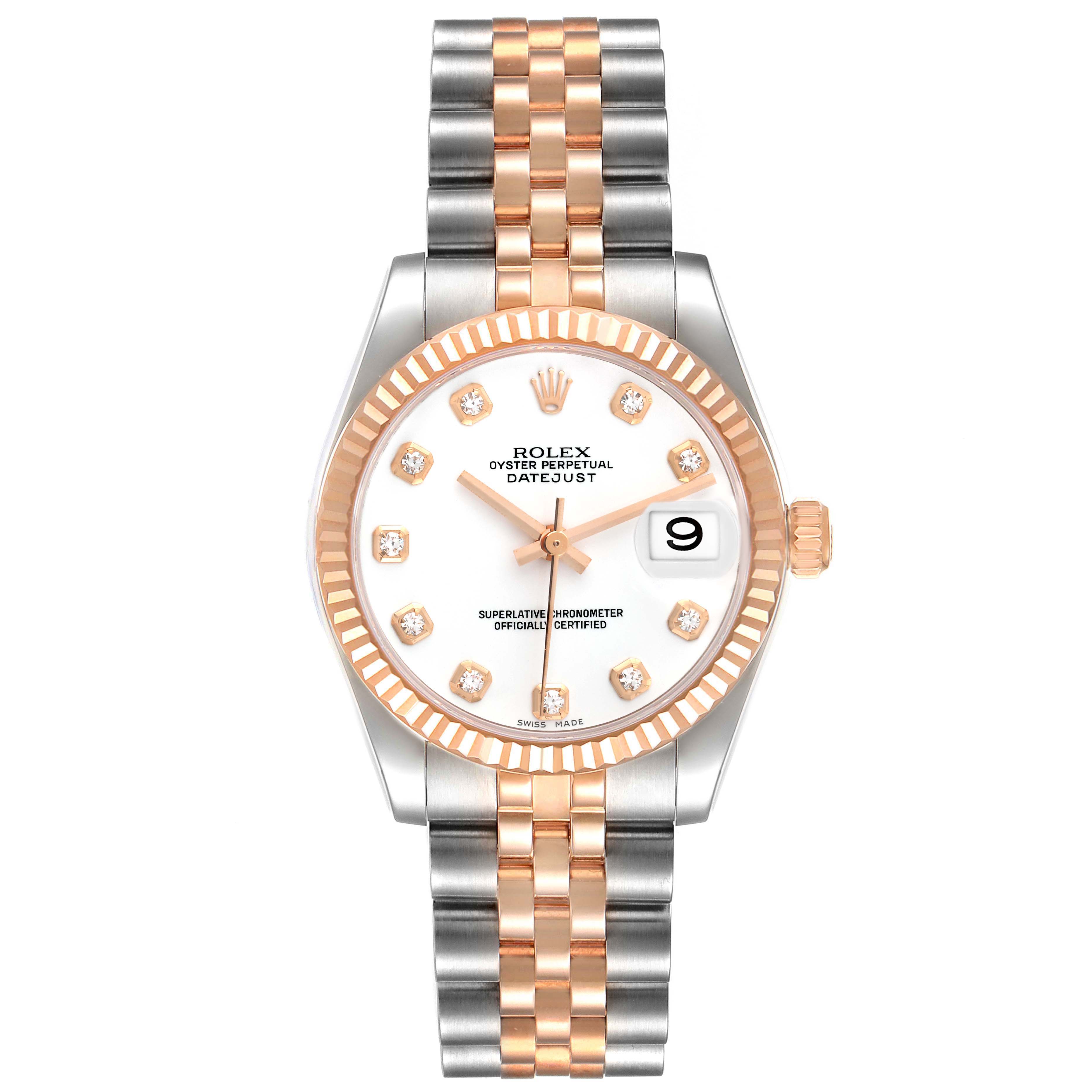 This image shows the front view of a Rolex Mid-Size 178271 Women's Steel and Gold (two tone) White Dial 178271 Women's Steel and Gold (two tone) White Dial Oyster Perpetual Datejust watch, highlighting its bezel, dial, and bracelet.