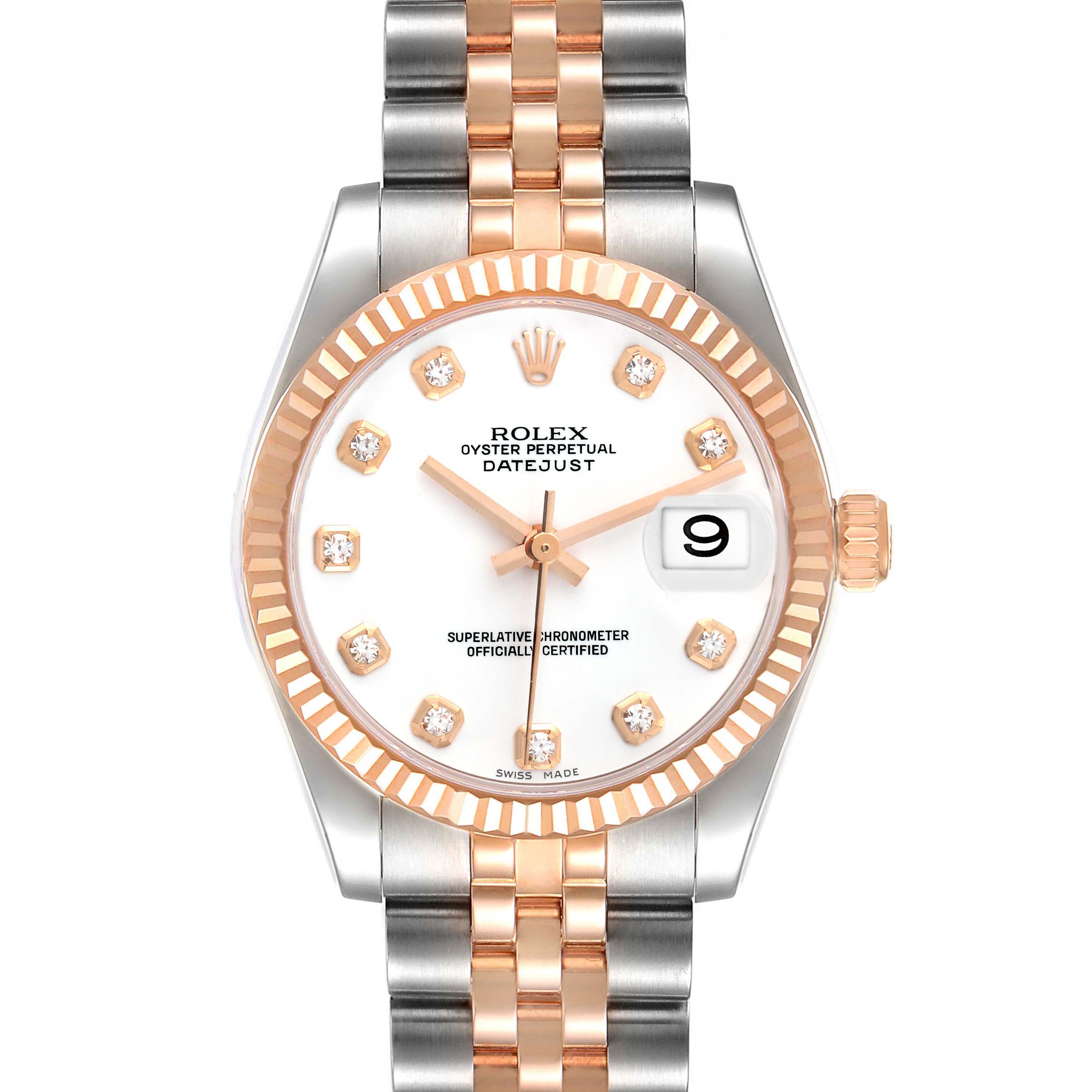The Rolex Mid-Size 178271 Women's Steel and Gold (two tone) White Dial 178271 Women's Steel and Gold (two tone) White Dial Datejust is shown from a front angle, highlighting its two-tone bracelet, diamond markers, and date window.