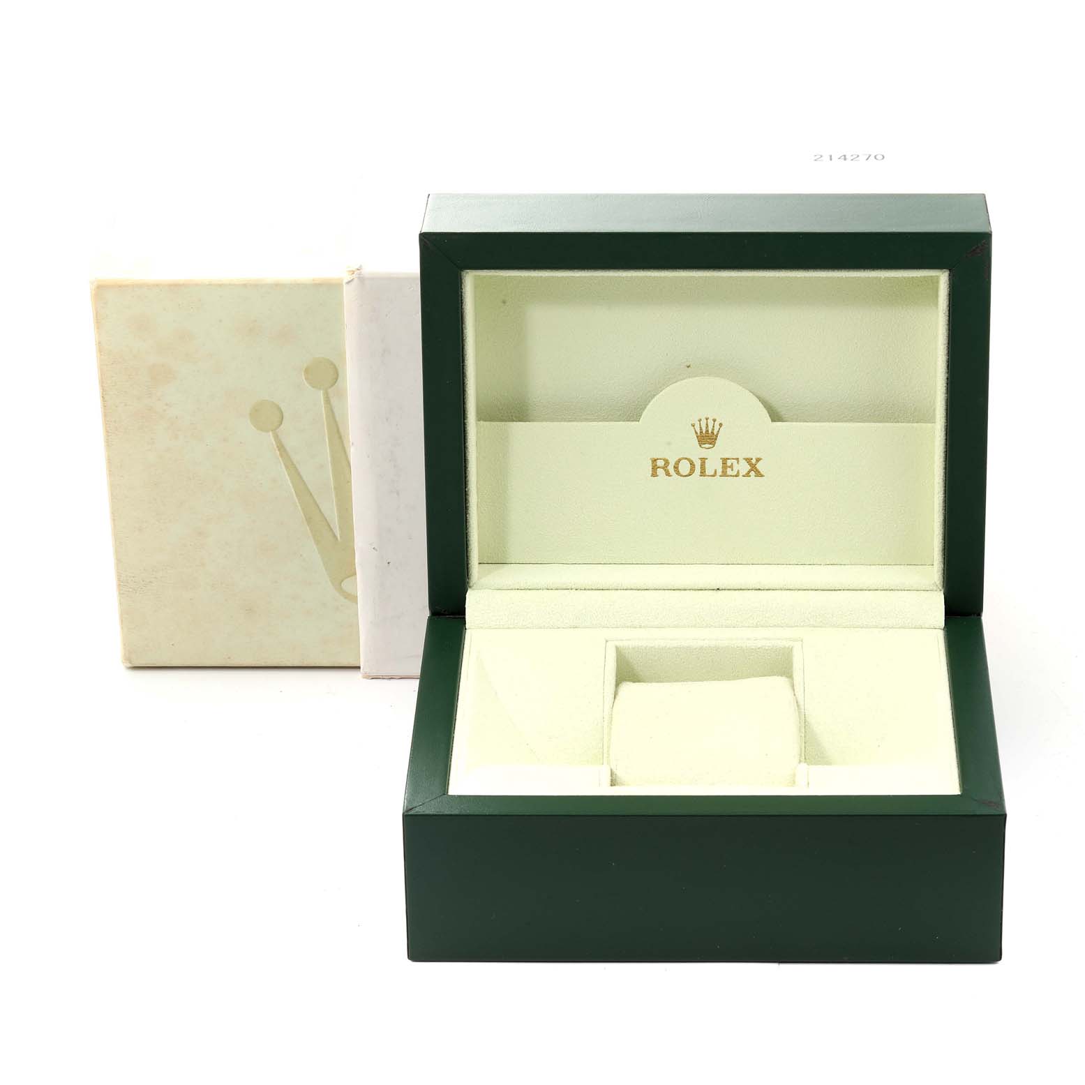 The image shows an open Rolex Mid-Size 178271 Women's Steel and Gold (two tone) White Dial 178271 Women's Steel and Gold (two tone) White Dial watch box with a cushion inside, displayed at a front angle.