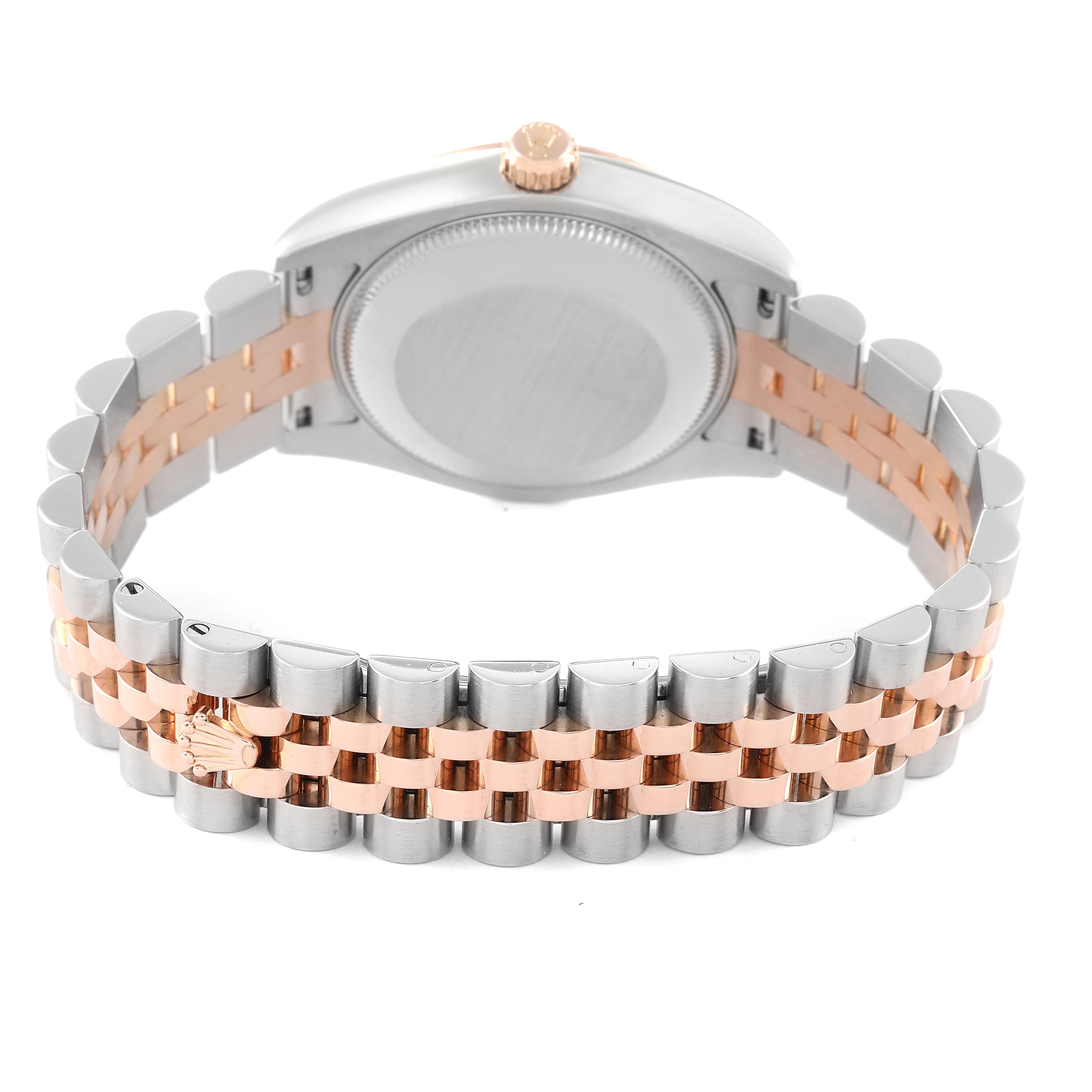 This image shows the back view of a Rolex Mid-Size 178271 Women's Steel and Gold (two tone) White Dial 178271 Women's Steel and Gold (two tone) White Dial watch, featuring its case back and two-tone bracelet.