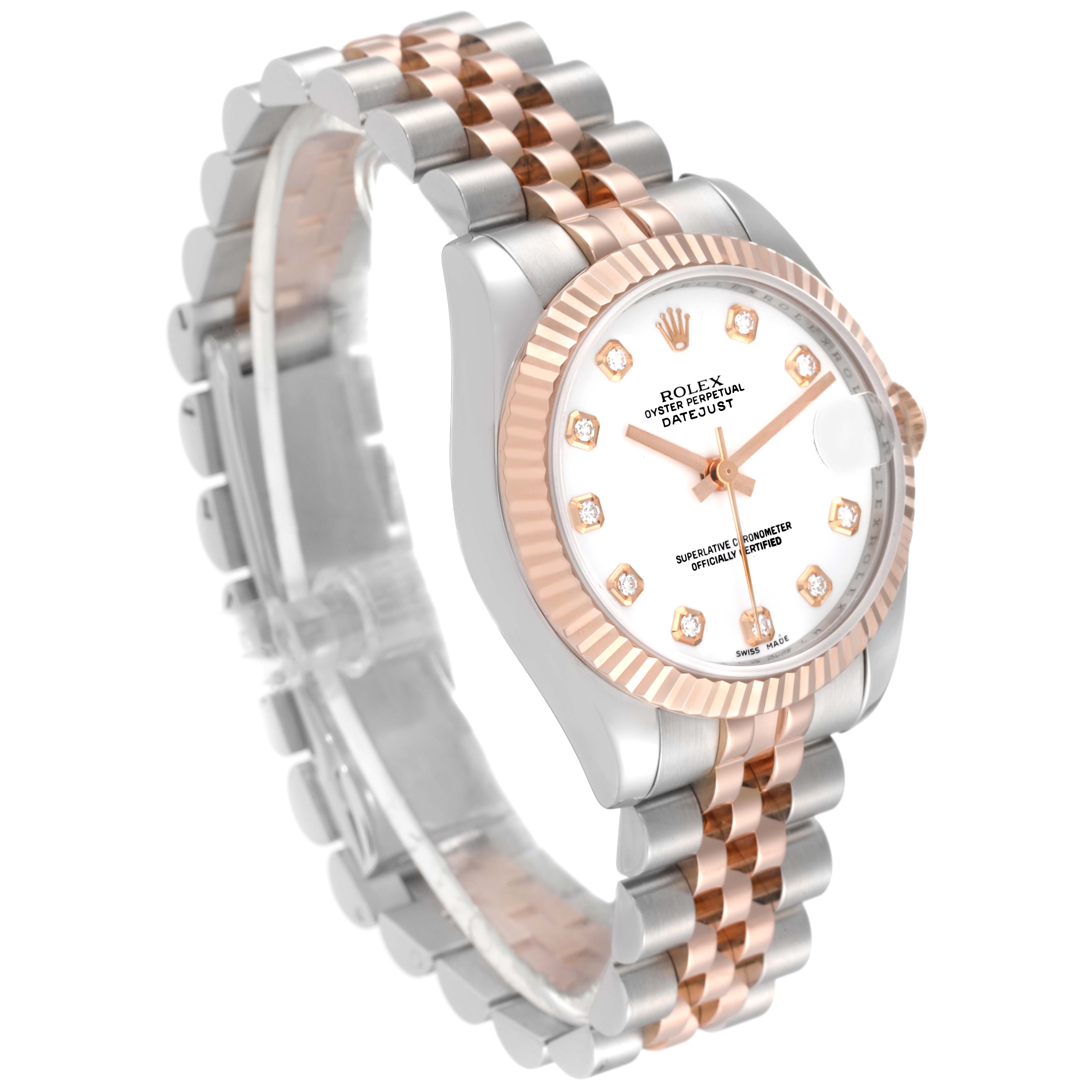 The image shows a side angle of the Rolex Datejust Mid-Size watch featuring a two-tone bracelet and a diamond-set dial.