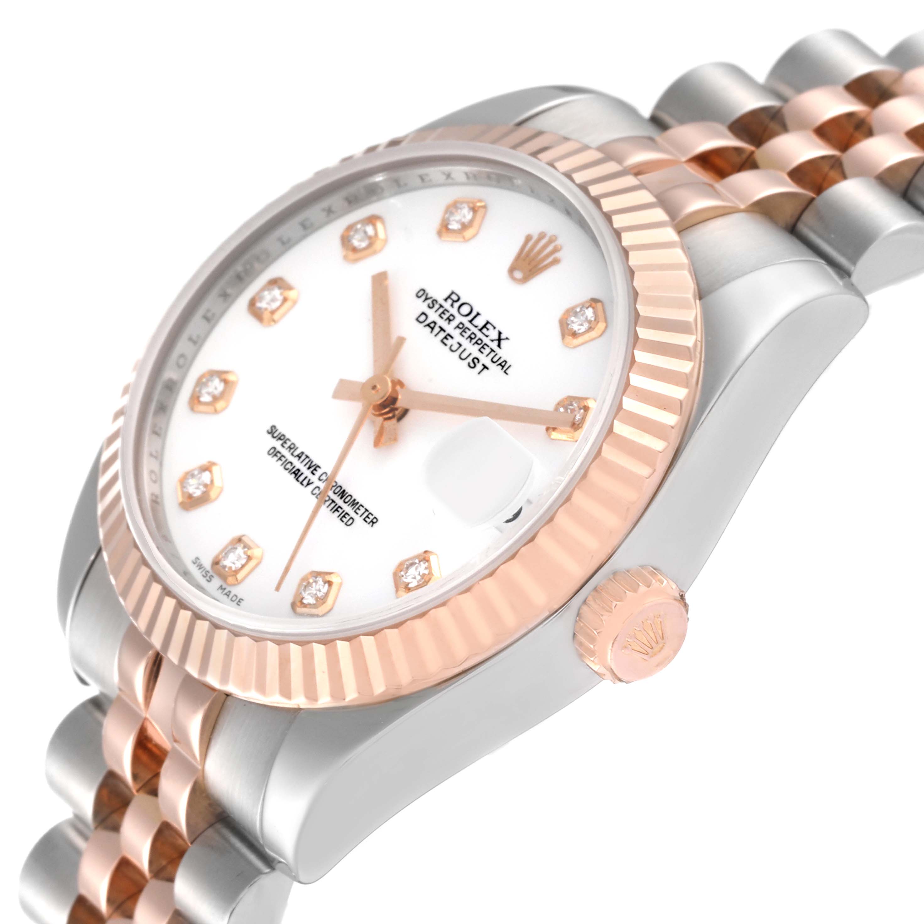 The image shows a side and top view of a Rolex Oyster Perpetual Datejust Mid-Size watch, highlighting the dial, bezel, crown, and bracelet.