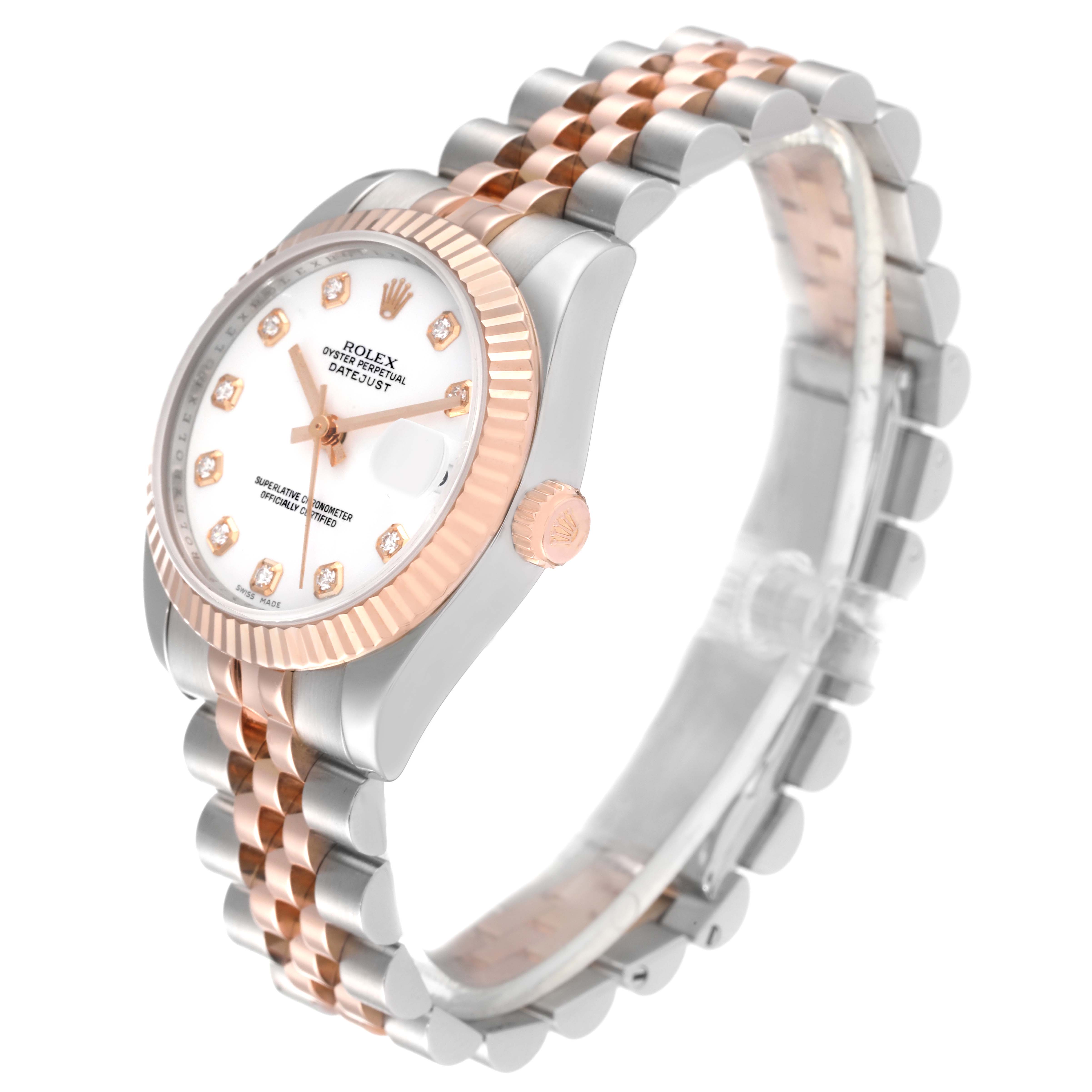 The image shows a Rolex Mid-Size 178271 Women's Steel and Gold (two tone) White Dial 178271 Women's Steel and Gold (two tone) White Dial Oyster Perpetual Datejust watch from an angled profile, displaying the dial, bezel, crown, and bracelet.