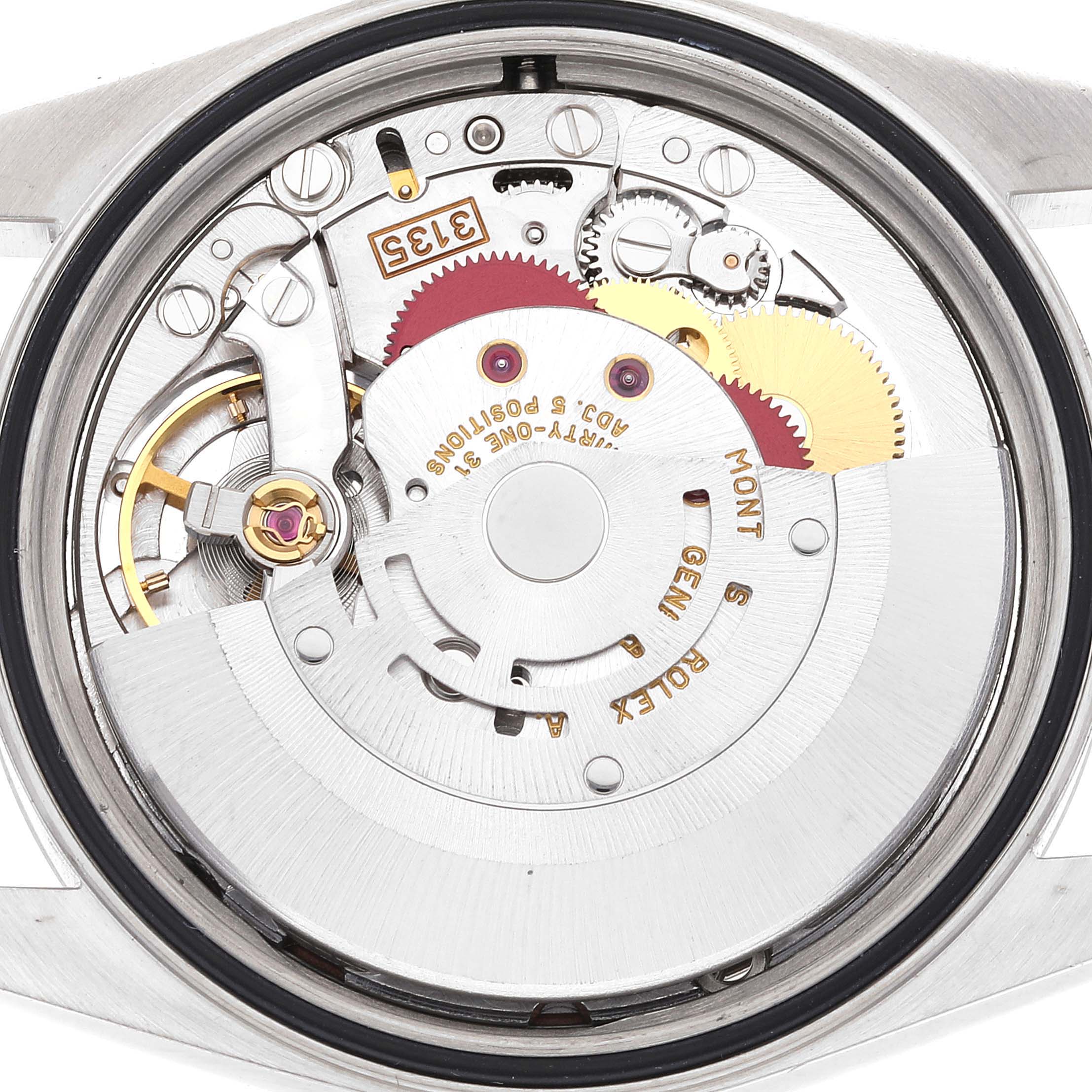 This image shows the intricate internal movement mechanism of a Rolex Datejust 16200 Men's Stainless Steel Pink Dial 16200 Men's Stainless Steel Pink Dial watch, viewed from the back.