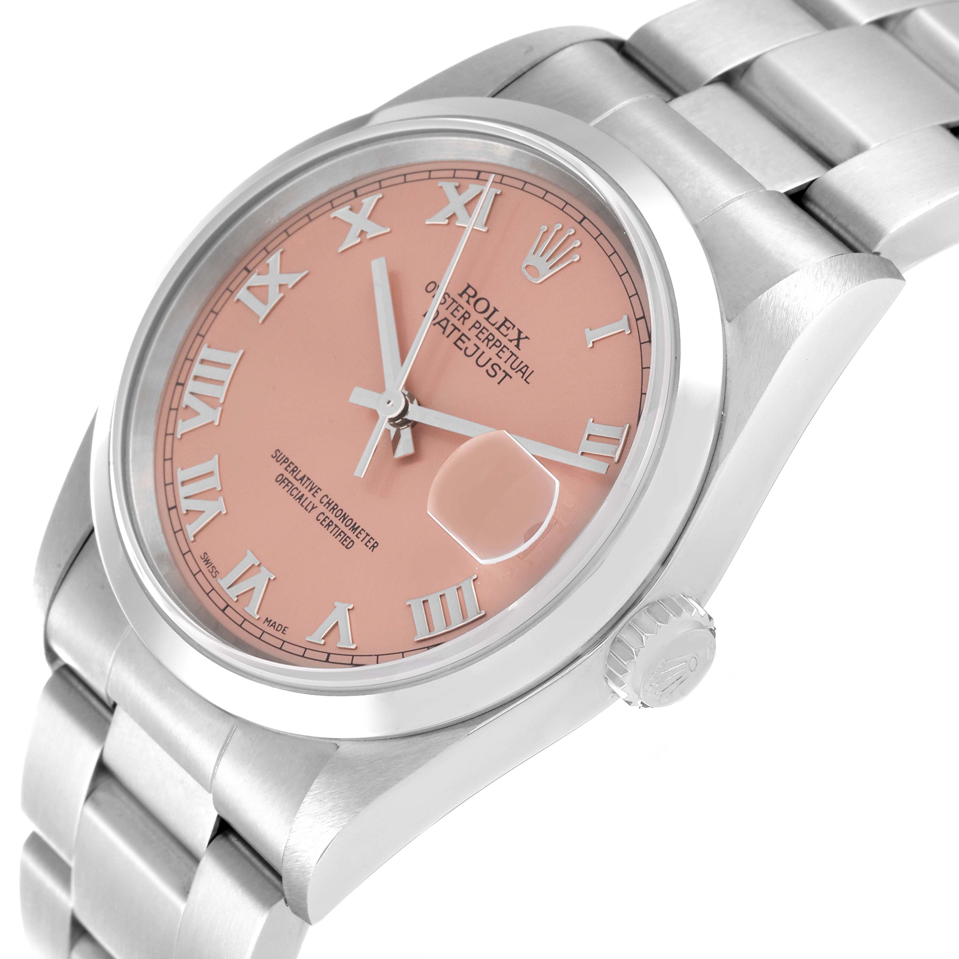 The Rolex Datejust 16200 Men's Stainless Steel Pink Dial 16200 Men's Stainless Steel Pink Dial watch is shown at an angled side view, highlighting its dial, bezel, crown, and stainless steel bracelet.