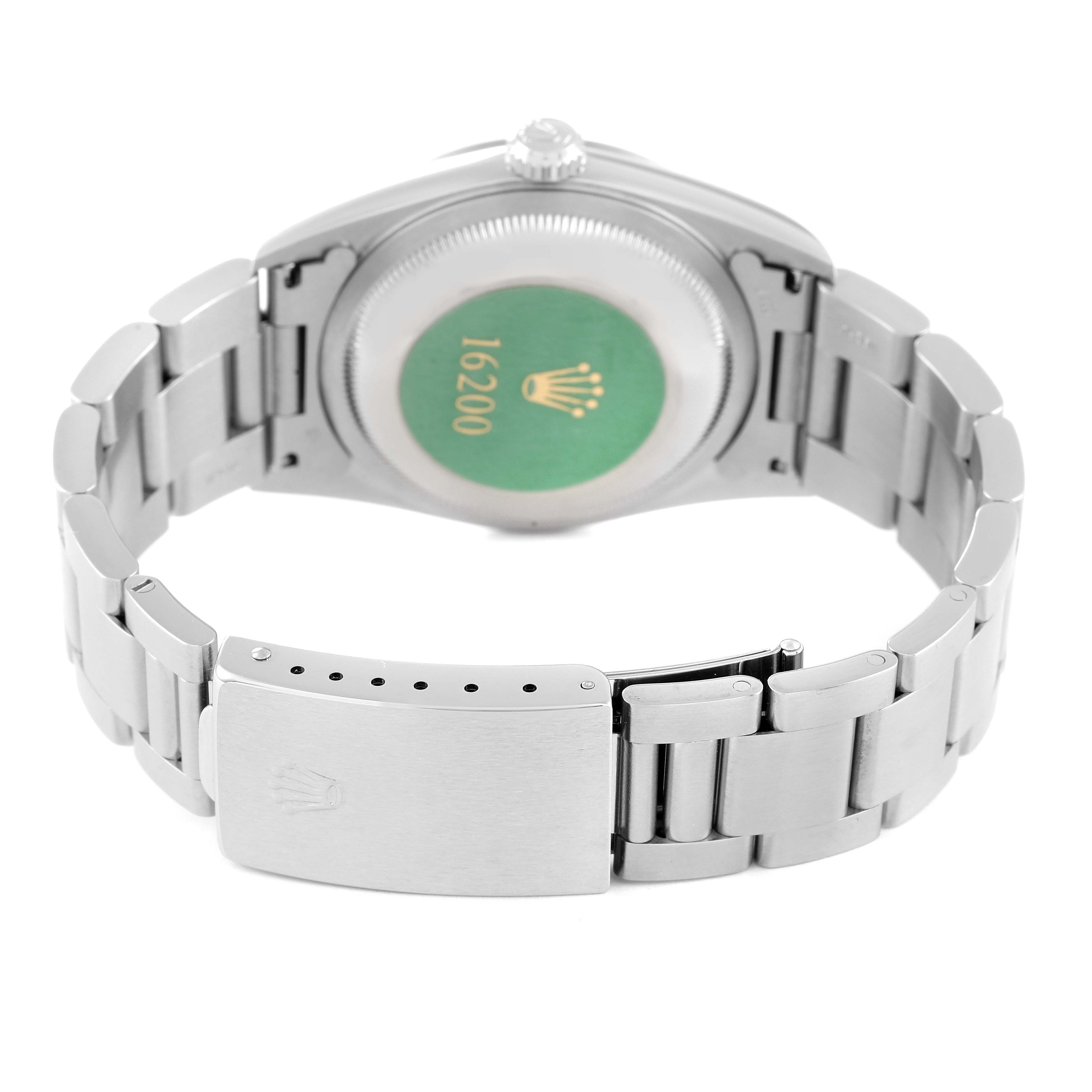 The image shows the back view and clasp of a Rolex Datejust 16200 Men's Stainless Steel Pink Dial 16200 Men's Stainless Steel Pink Dial model watch.