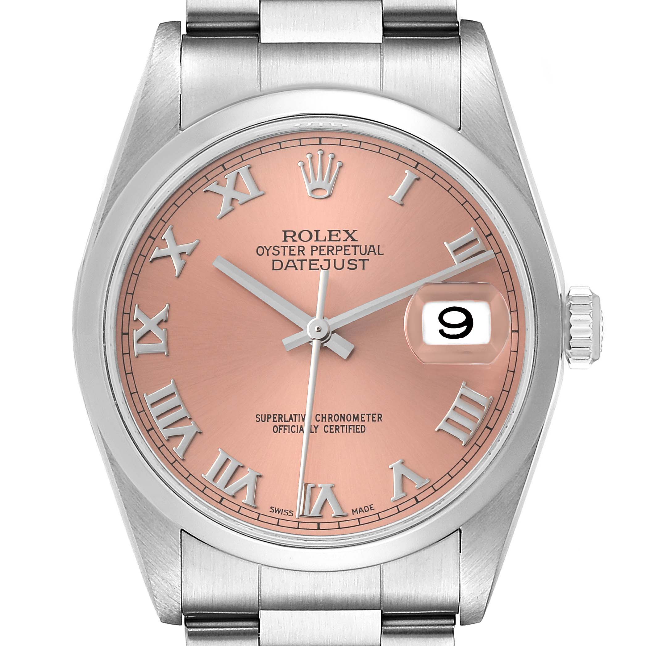 This image depicts a front angle of a Rolex Datejust 16200 Men's Stainless Steel Pink Dial 16200 Men's Stainless Steel Pink Dial watch, showcasing the dial, hands, date window, and part of the bracelet.