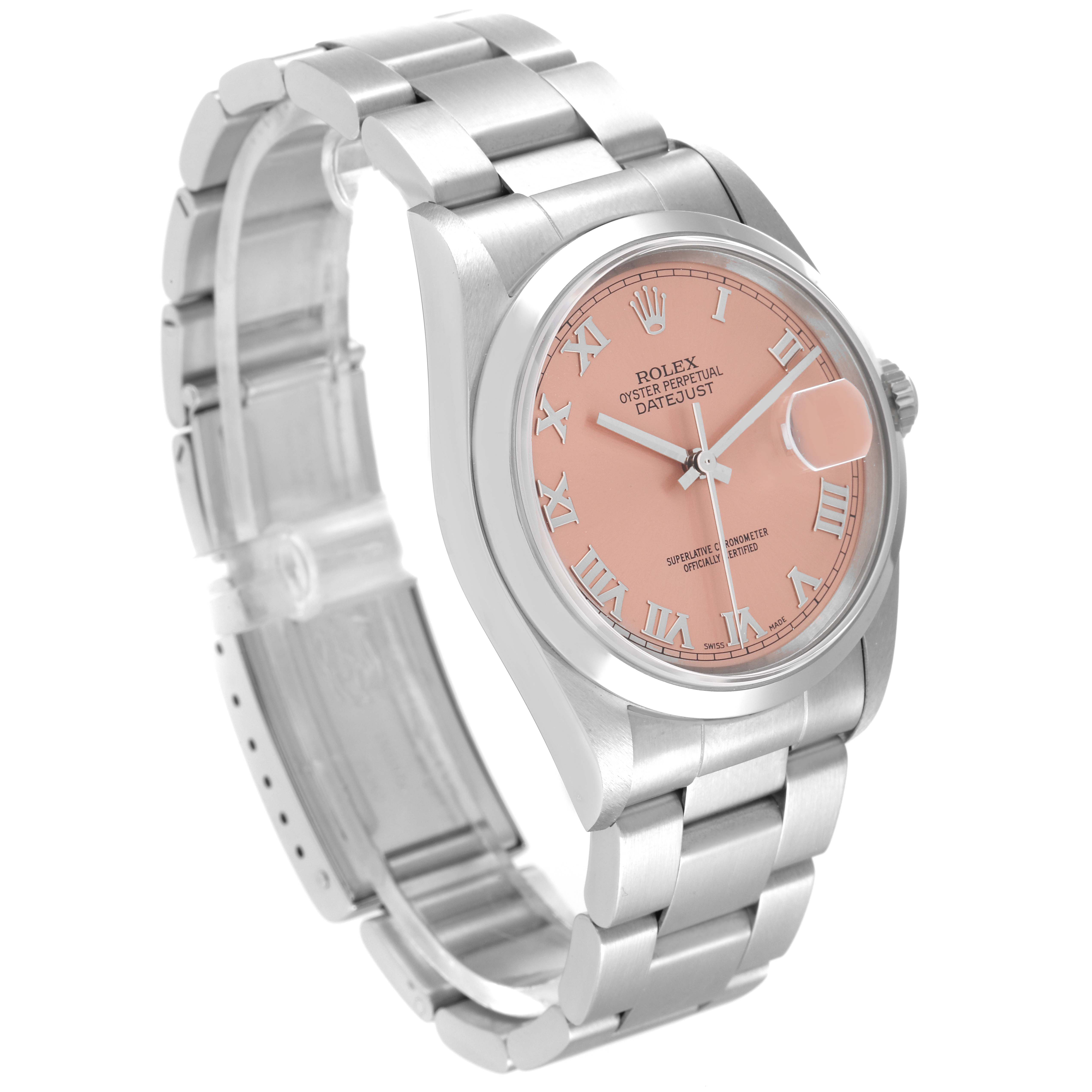 The image shows a Rolex Datejust 16200 Men's Stainless Steel Pink Dial 16200 Men's Stainless Steel Pink Dial watch at a slight angle, highlighting its bracelet, pink dial, and partially open clasp.