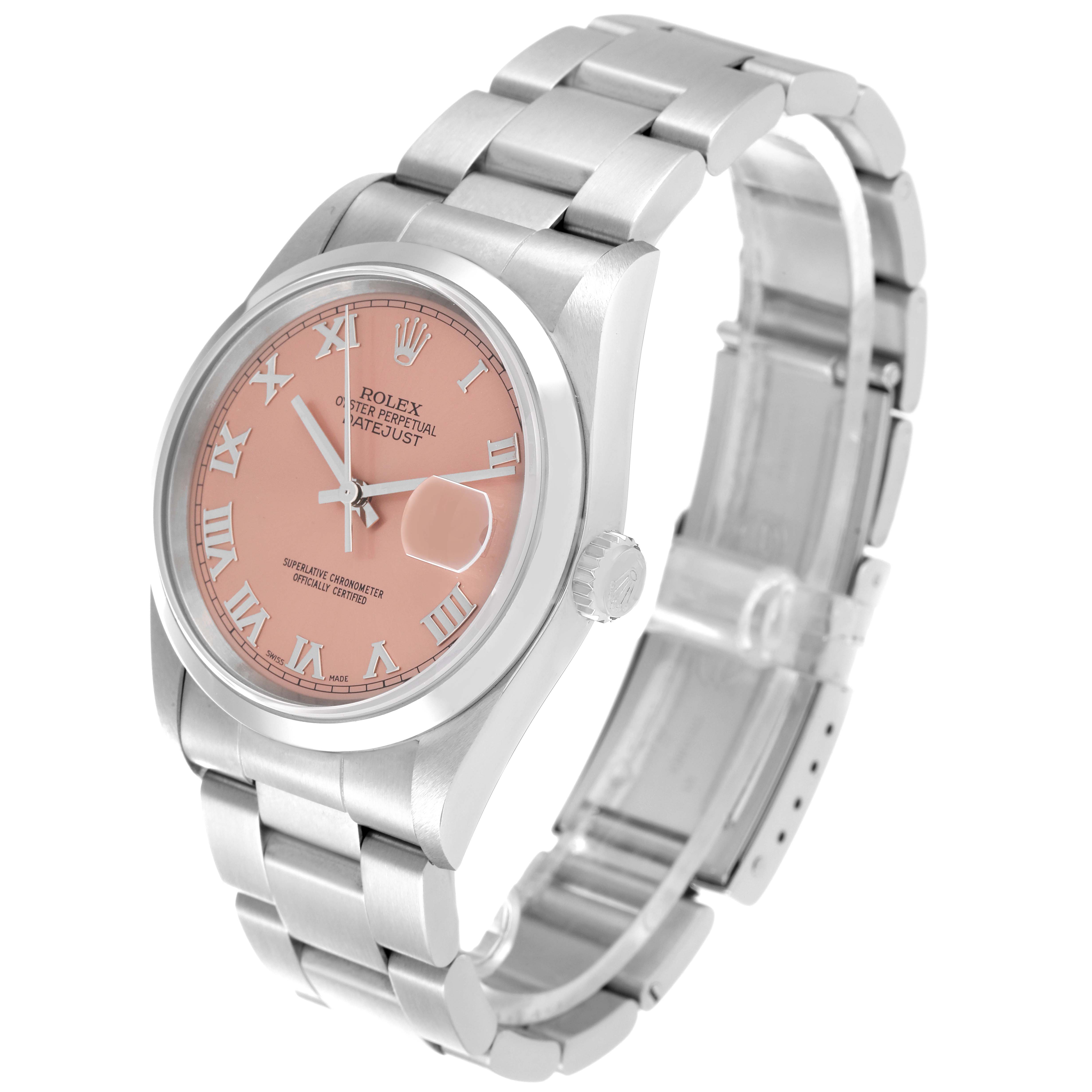 The Rolex Datejust 16200 Men's Stainless Steel Pink Dial 16200 Men's Stainless Steel Pink Dial watch is shown at a three-quarter angle, highlighting its pink dial, Roman numerals, and metal bracelet.
