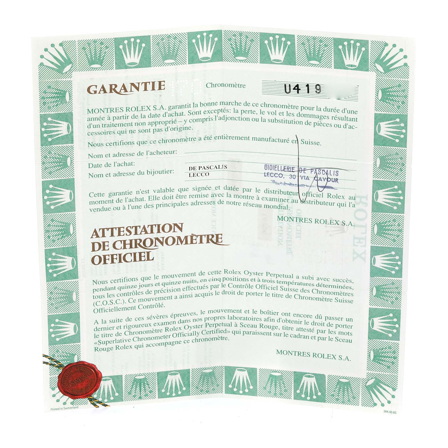 The image shows a warranty and chronometer certification document for a Rolex Datejust 16200 Men's Stainless Steel Pink Dial 16200 Men's Stainless Steel Pink Dial model watch.