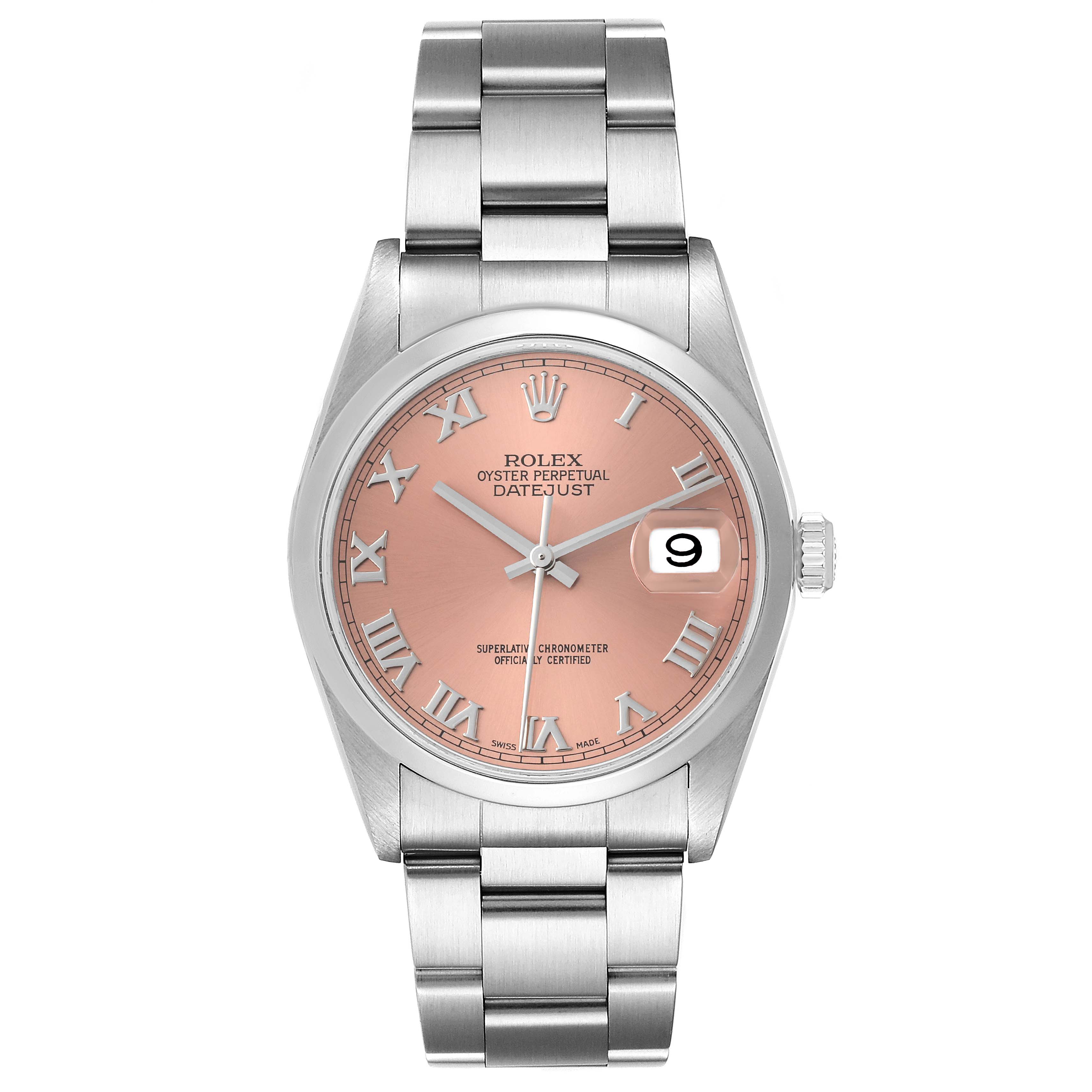 This is a front view of a Rolex Datejust 16200 Men's Stainless Steel Pink Dial 16200 Men's Stainless Steel Pink Dial watch displaying the dial, bezel, hands, bracelet, and date window.