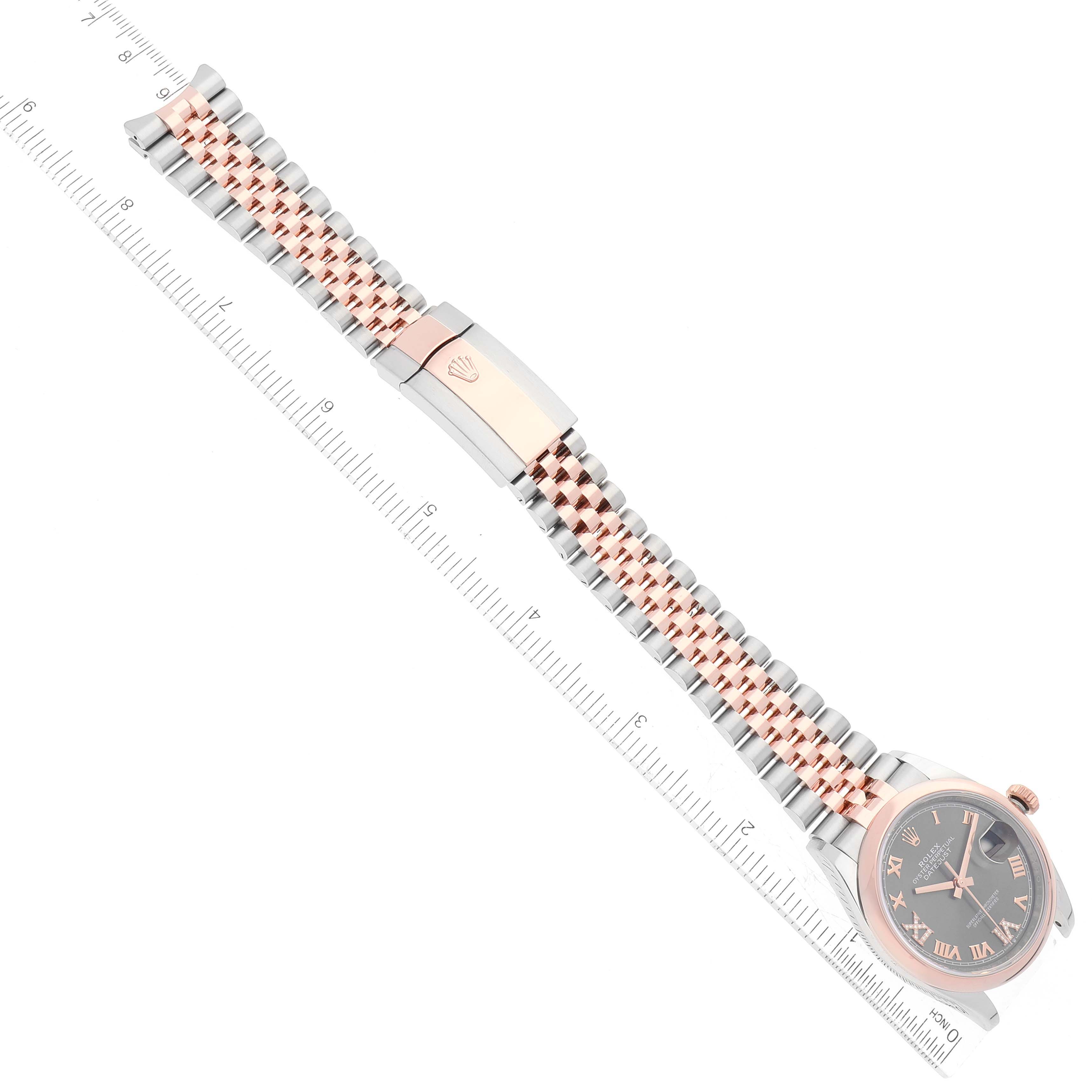 This image shows a top view of the Rolex Datejust 126201 Men
s Steel and Gold (two tone) Grey Dial 126201 Men
s Steel and Gold (two tone) Grey Dial watch, specifically highlighting the dial, two-tone bracelet, and clasp.