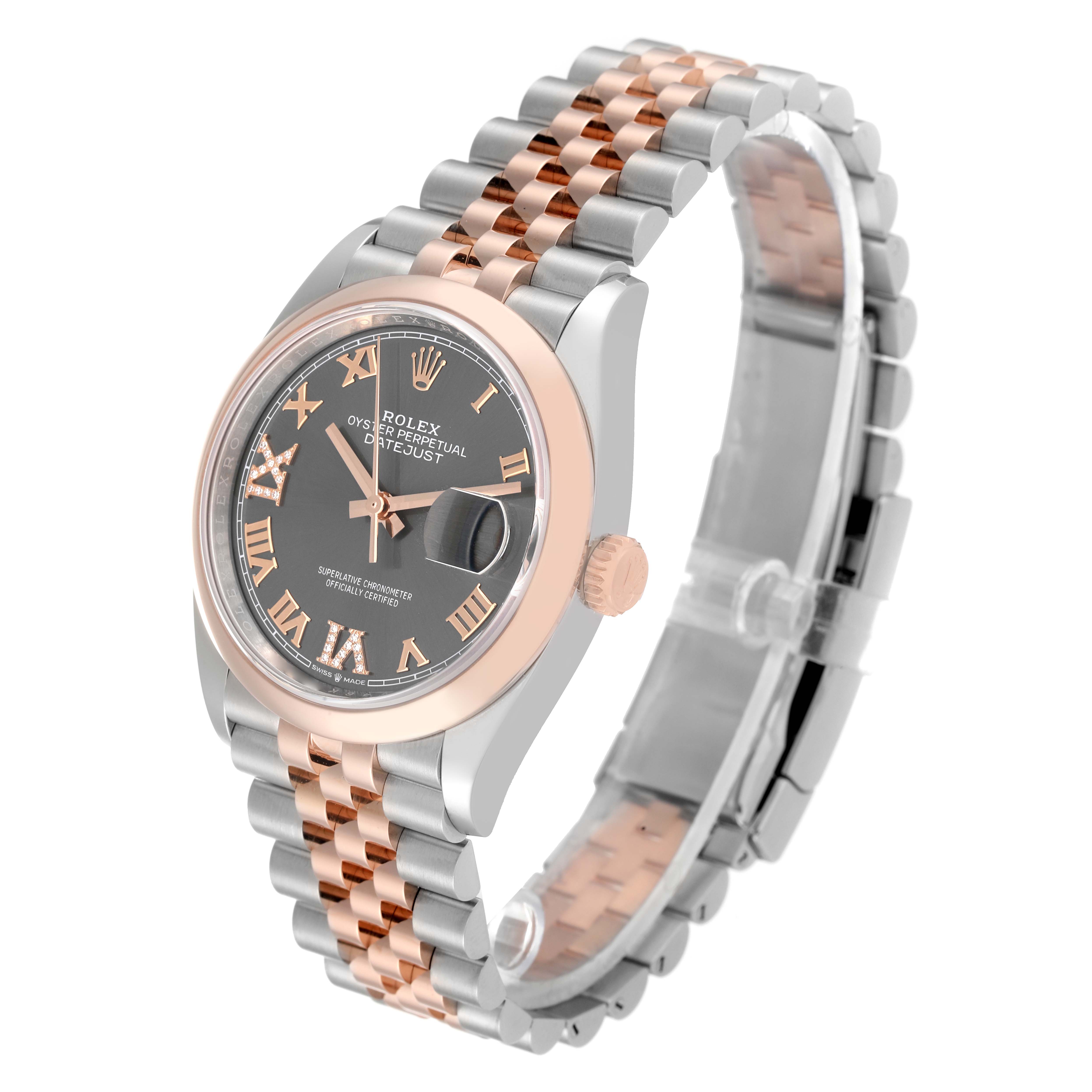 The image shows a Rolex Datejust 126201 Men
s Steel and Gold (two tone) Grey Dial 126201 Men
s Steel and Gold (two tone) Grey Dial watch angled to display its face, bezel, crown, and two-tone bracelet.