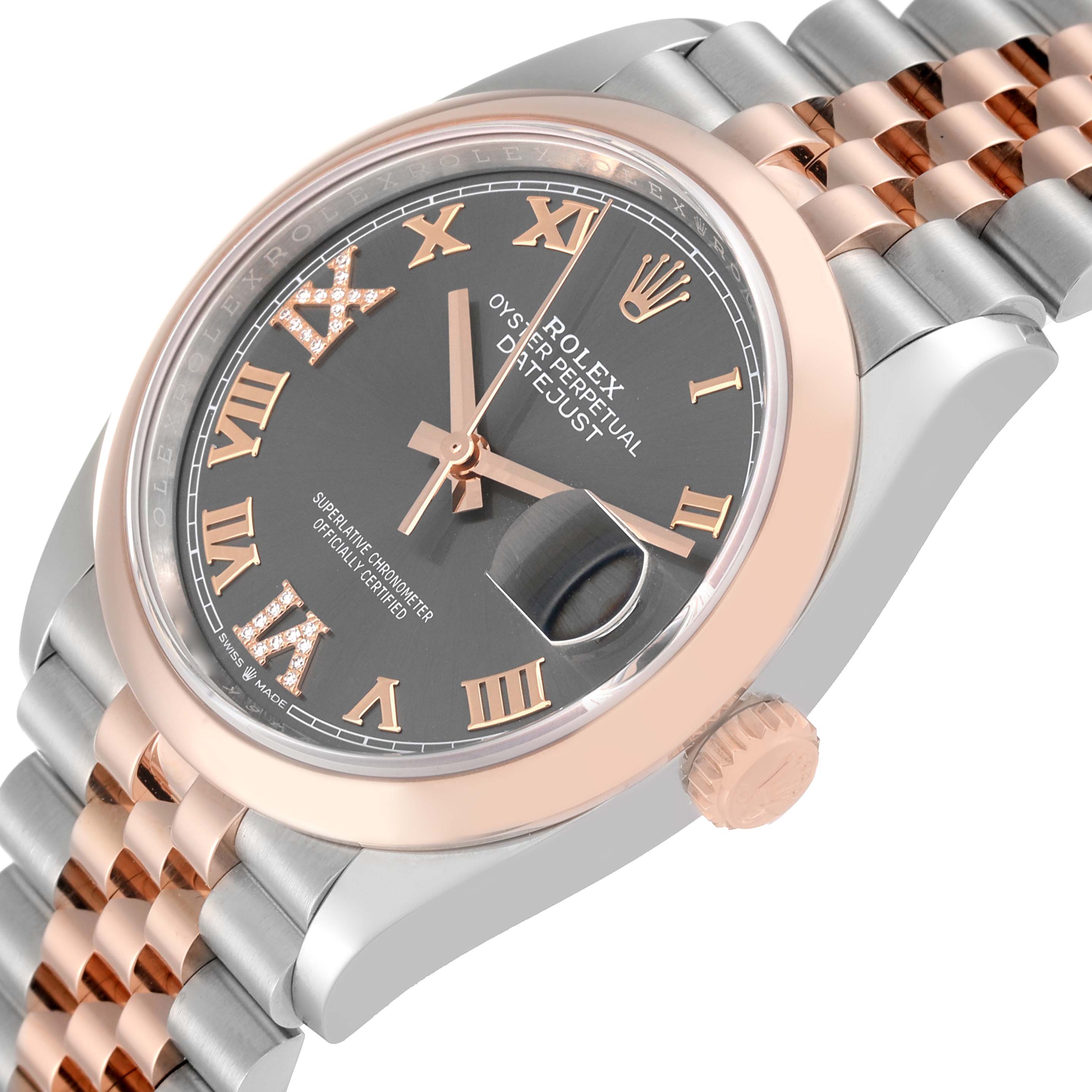 This image shows a close-up, angled view of a Rolex Datejust 126201 Men
s Steel and Gold (two tone) Grey Dial 126201 Men
s Steel and Gold (two tone) Grey Dial watch, highlighting its face, bezel, crown, and two-tone bracelet.