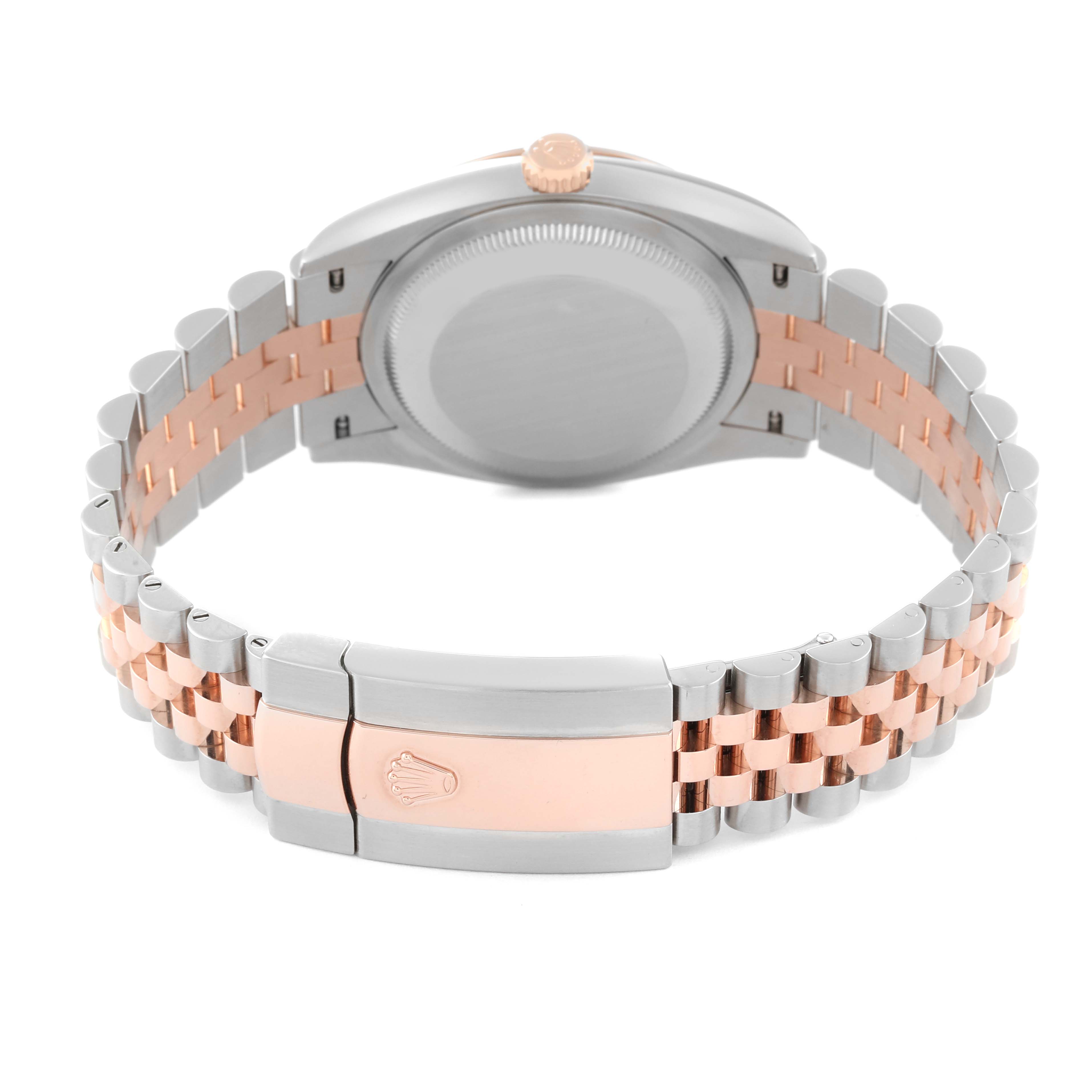 The image shows the back of a Rolex Datejust 126201 Men
s Steel and Gold (two tone) Grey Dial 126201 Men
s Steel and Gold (two tone) Grey Dial watch, highlighting its clasp, bracelet, and case back.