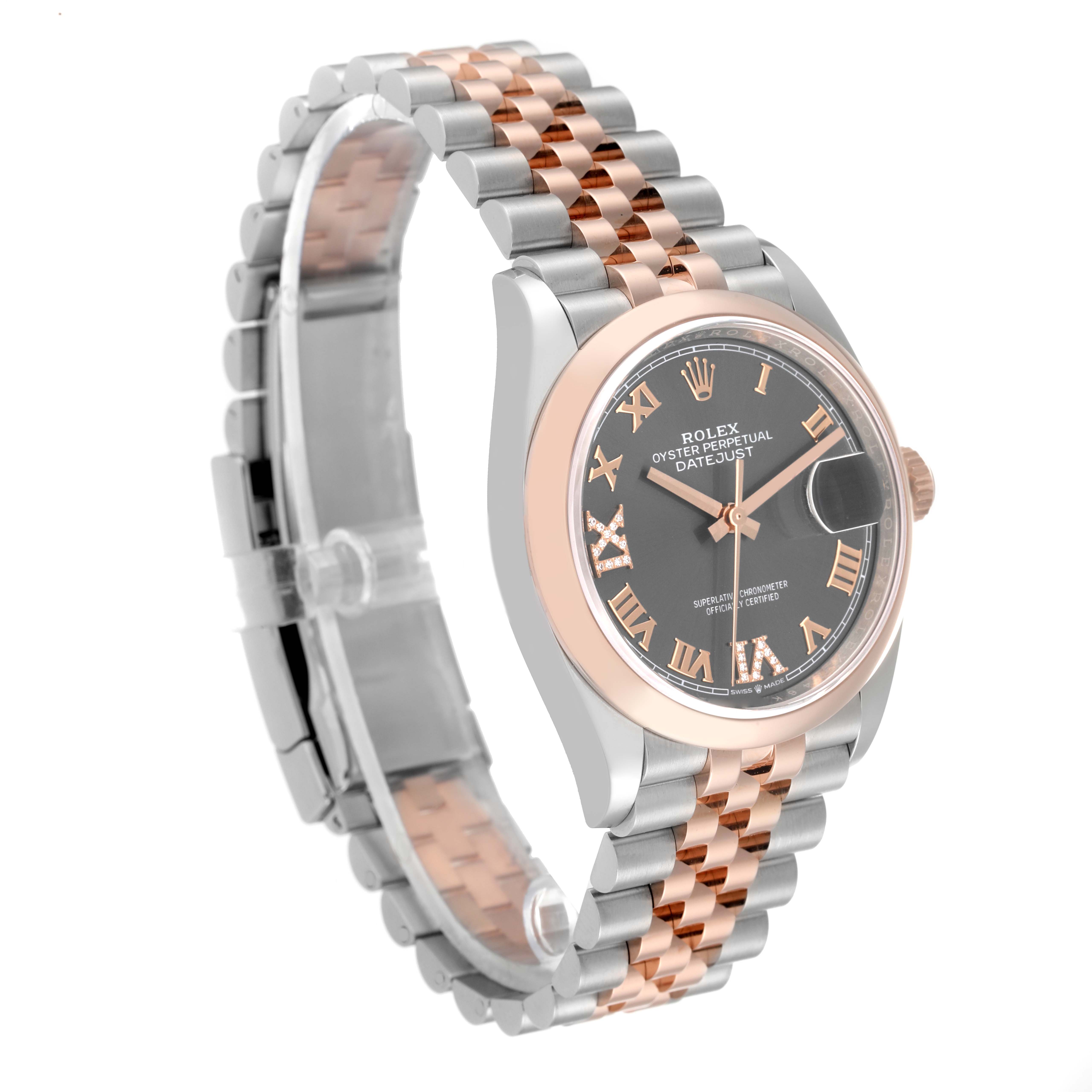 This Rolex Datejust 126201 Men
s Steel and Gold (two tone) Grey Dial 126201 Men
s Steel and Gold (two tone) Grey Dial watch is shown at a front-left angle, featuring a two-tone bracelet, black dial, and a rose gold bezel.