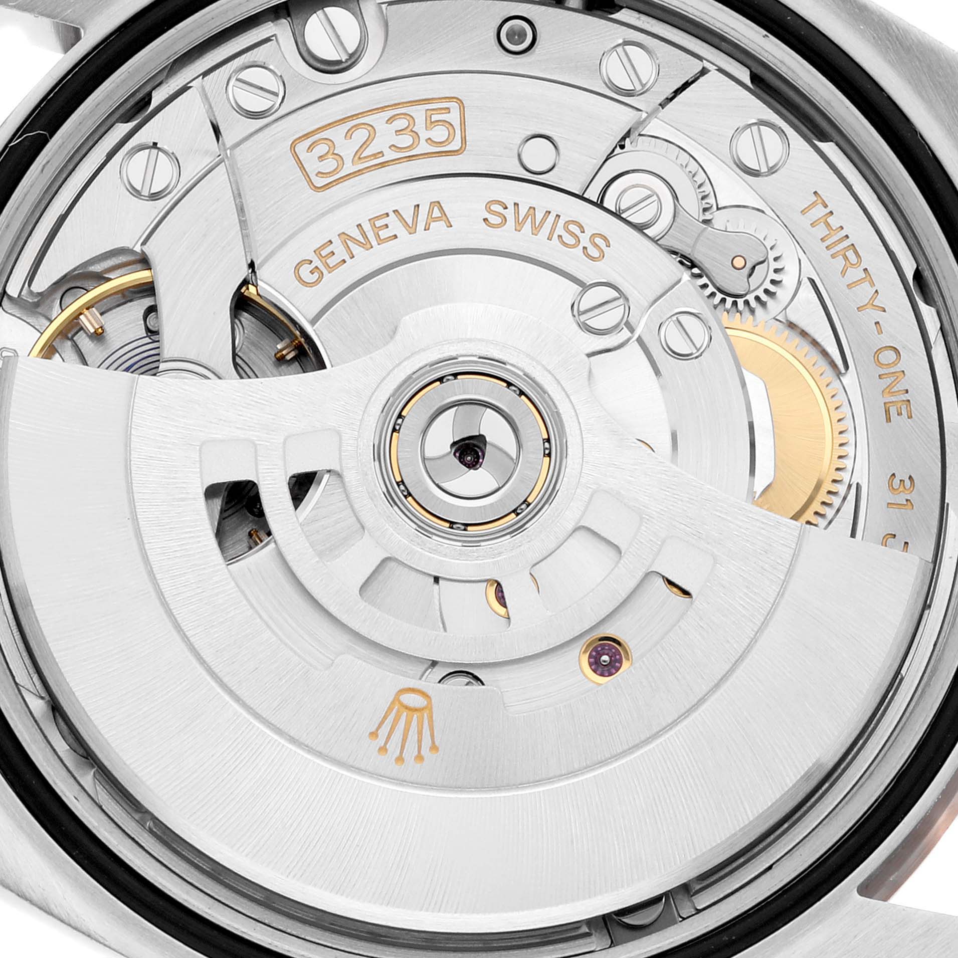 This image shows the movement and intricate mechanics of the Rolex Datejust 126201 Men
s Steel and Gold (two tone) Grey Dial 126201 Men
s Steel and Gold (two tone) Grey Dial watch model, specifically the Calibre 3235.