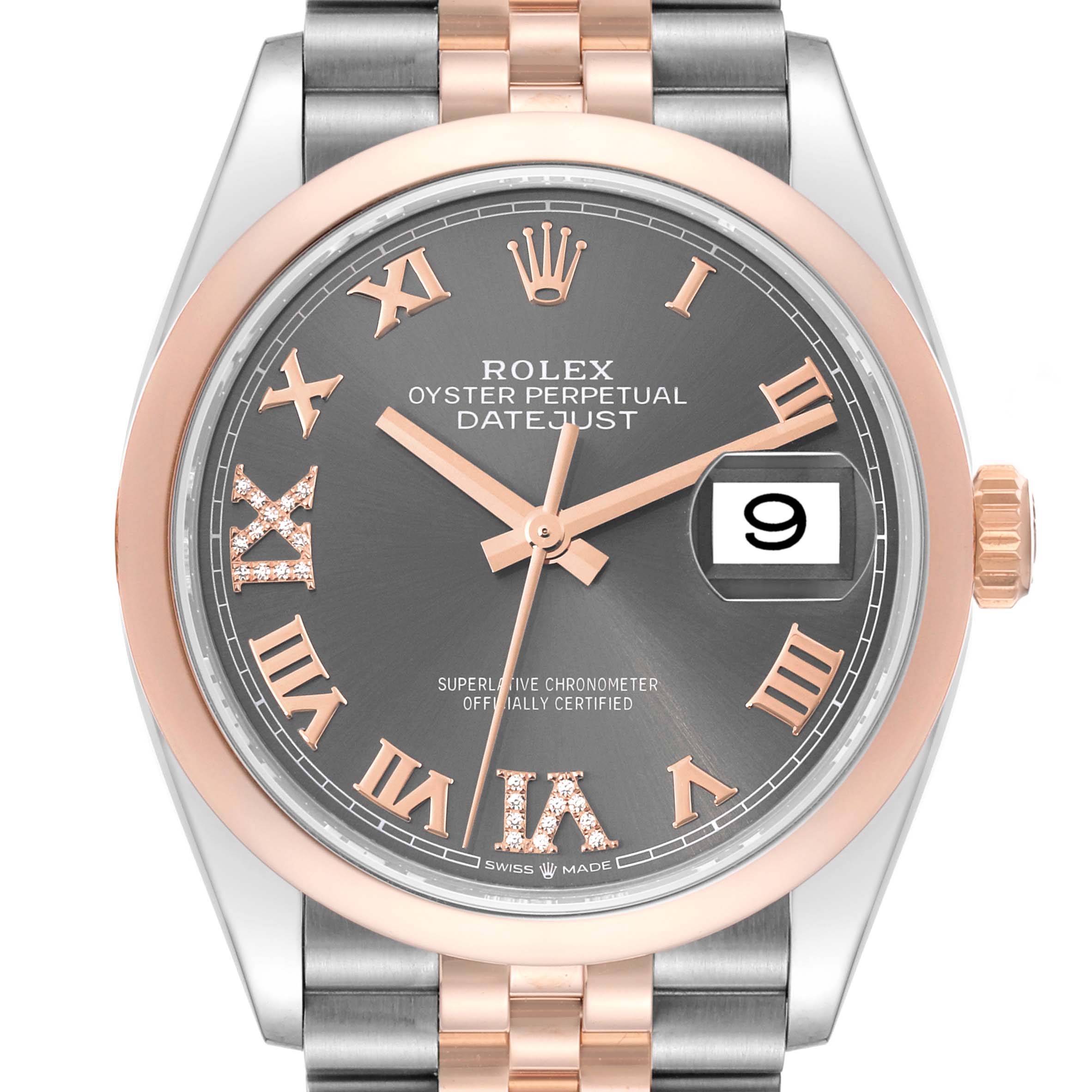 This image shows a front view of a Rolex Datejust 126201 Men
s Steel and Gold (two tone) Grey Dial 126201 Men
s Steel and Gold (two tone) Grey Dial watch, highlighting the two-tone bracelet, dial, crown, and date window.