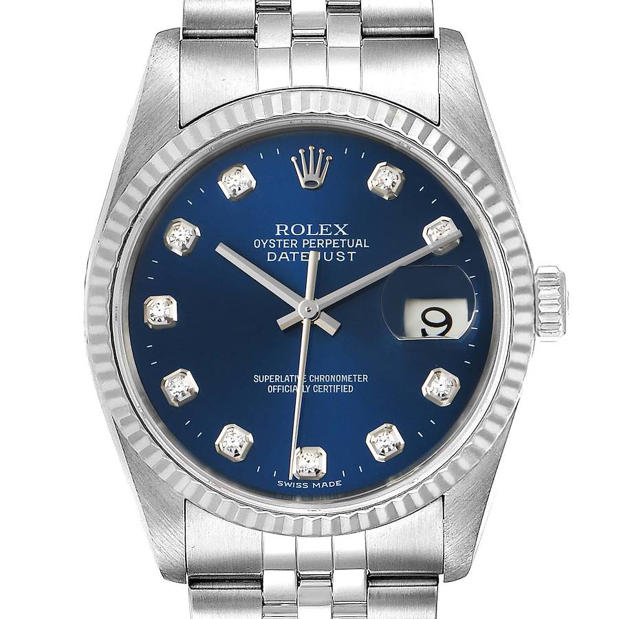 Rolex Datejust 36 Steel White Gold Blue Diamond Dial Mens Watch 16234 Box SwissWatchExpo