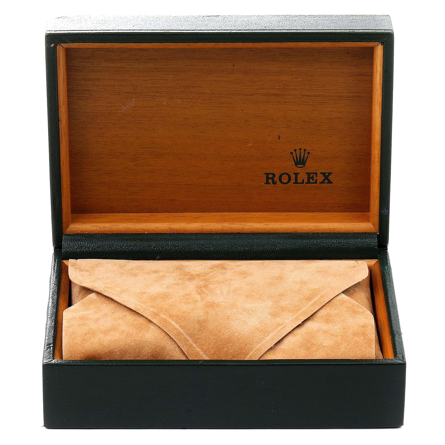 This image shows an open Rolex watch box with a closed suede pouch inside, designed for the Datejust model.