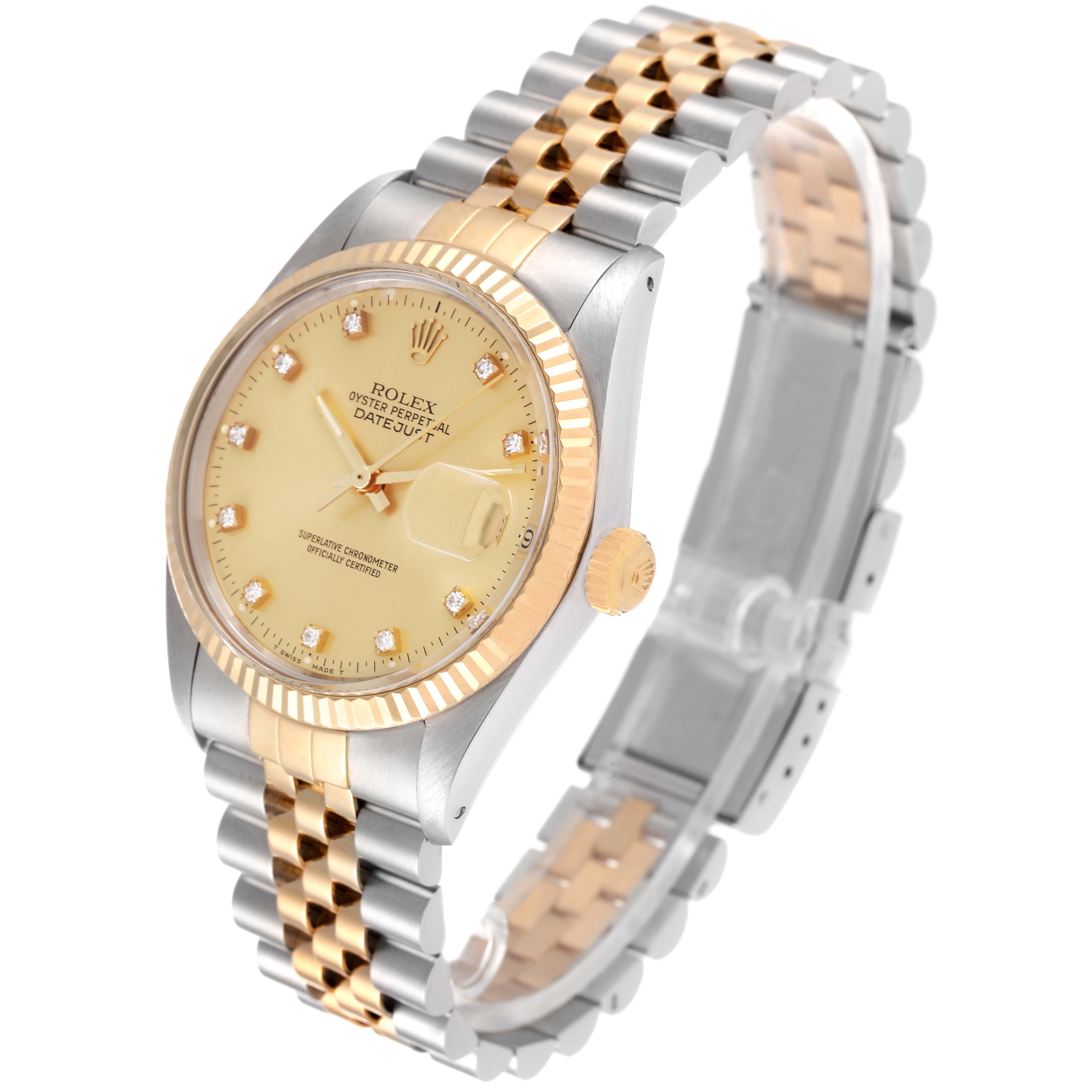 The image shows a frontal view of the Rolex Vintage Collection 16013 Men's Steel and Gold (two tone) Champagne Dial 16013 Men's Steel and Gold (two tone) Champagne Dial watch, highlighting its dial, bezel, crown, and two-tone bracelet.