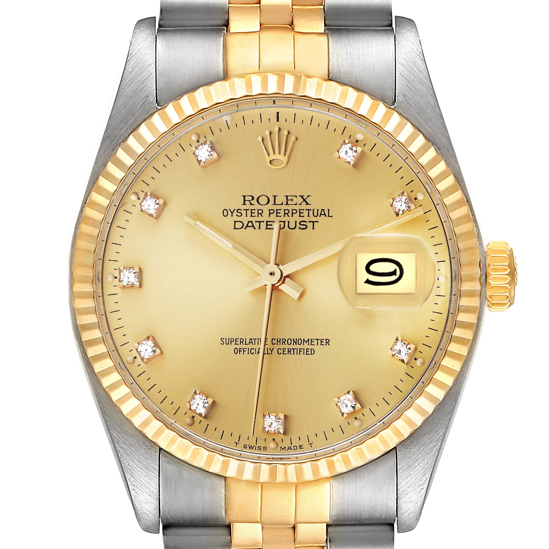 This image shows a front view of a Rolex Vintage Collection 16013 Men's Steel and Gold (two tone) Champagne Dial 16013 Men's Steel and Gold (two tone) Champagne Dial Datejust, featuring its dial, hands, date window, and part of the two-tone bracelet.