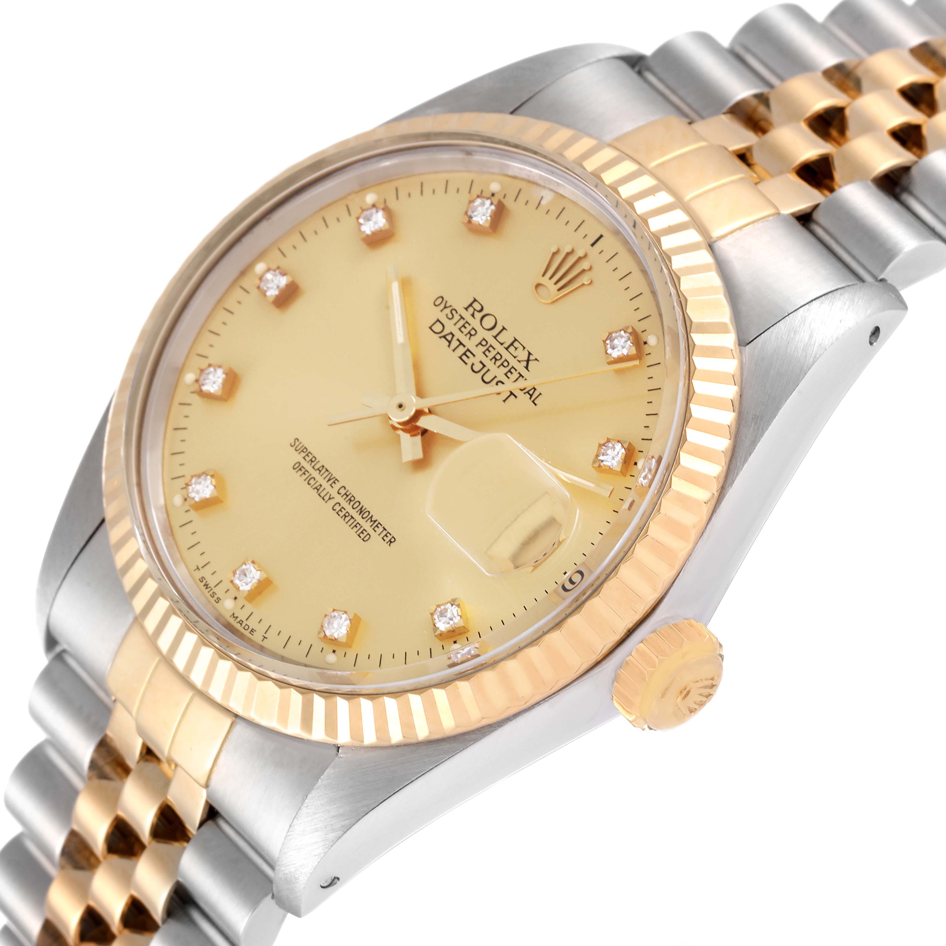 The image shows a close-up, angled view of the dial, bezel, and part of the bracelet of a Rolex Vintage Collection 16013 Men's Steel and Gold (two tone) Champagne Dial 16013 Men's Steel and Gold (two tone) Champagne Dial watch.