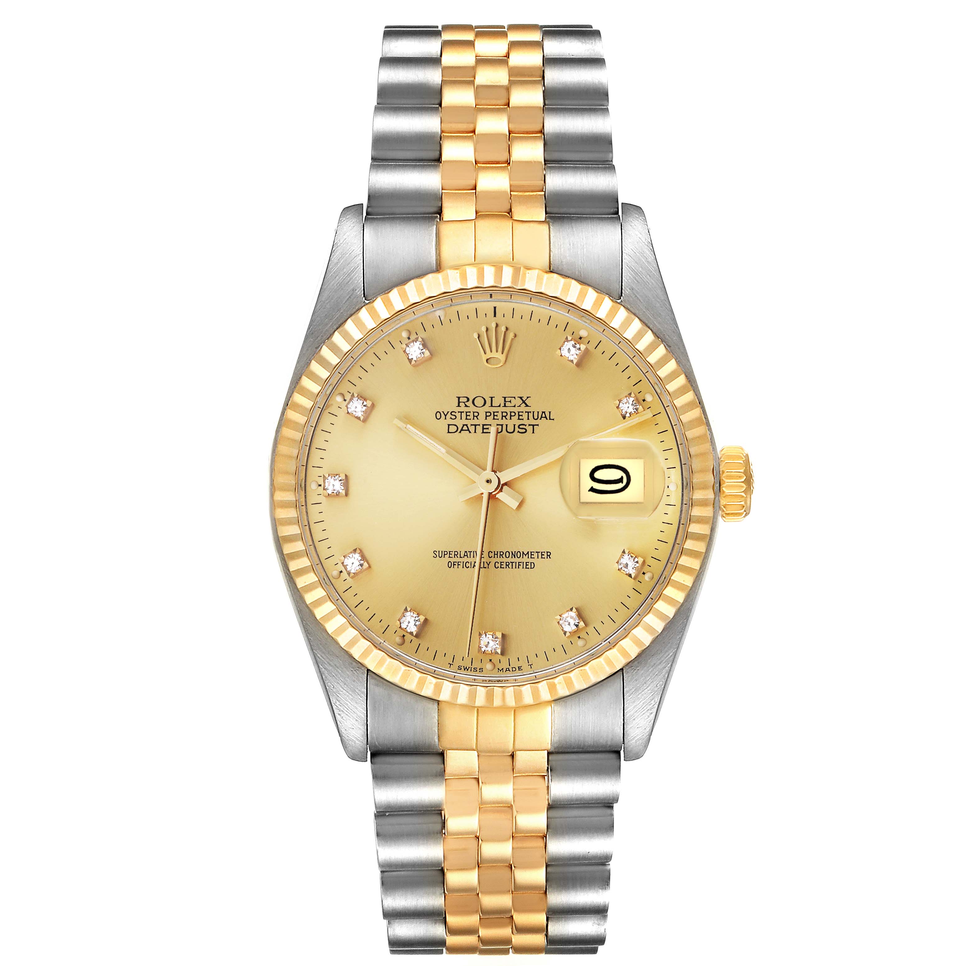 The Rolex Vintage Collection 16013 Men's Steel and Gold (two tone) Champagne Dial 16013 Men's Steel and Gold (two tone) Champagne Dial model is shown front-facing, displaying the dial, bracelet, bezel, and crown.