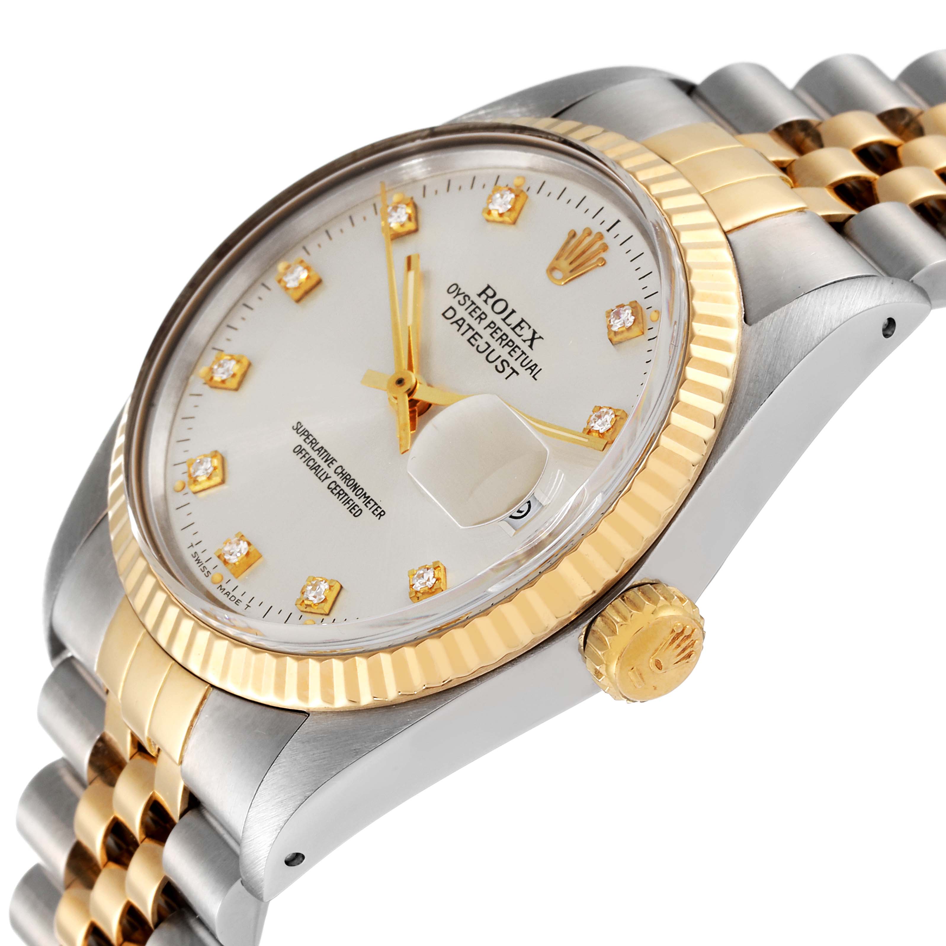 The image shows a close-up side angle of the Rolex Vintage Collection 16013 Men's Steel and Gold (two tone) Silver Dial 16013 Men's Steel and Gold (two tone) Silver Dial Datejust, highlighting the dial, bezel, and crown.