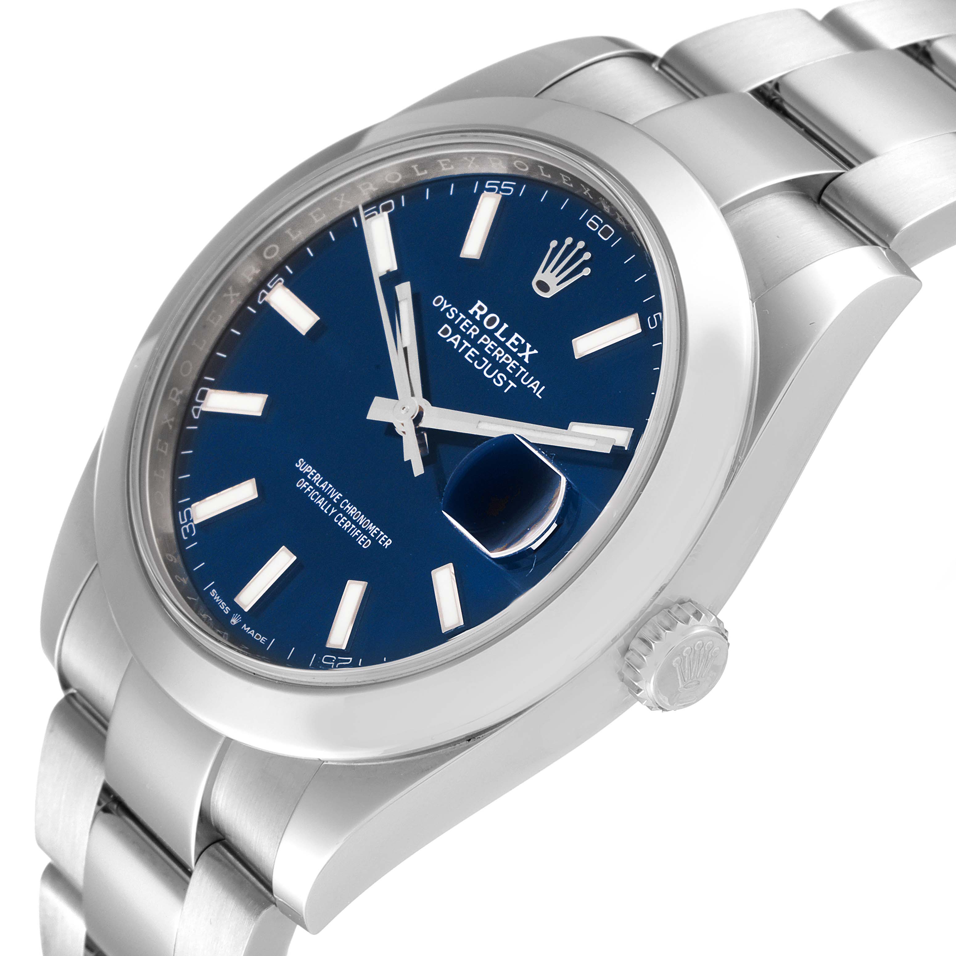 The image shows a side view of the Rolex Datejust 41 126300 Men's Stainless Steel Blue Dial 126300 Men's Stainless Steel Blue Dial watch, highlighting the blue dial, Cyclops lens, and Oystersteel bracelet.