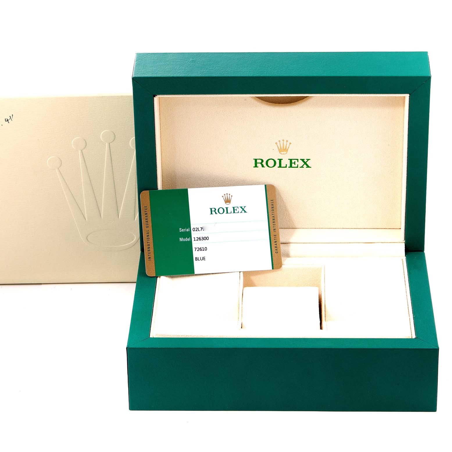 The image shows a green Rolex box with a warranty card for a Datejust 41 model, partially angled with the lid open.