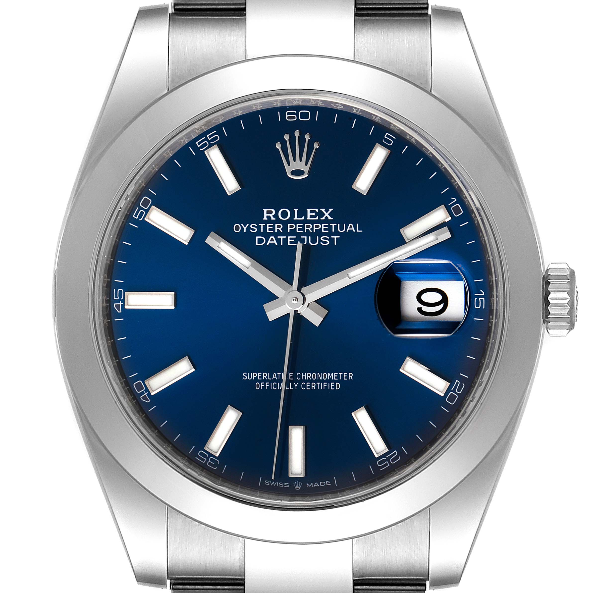 This image shows a close-up front view of the dial and bezel of the Rolex Datejust 41 126300 Men's Stainless Steel Blue Dial 126300 Men's Stainless Steel Blue Dial watch.