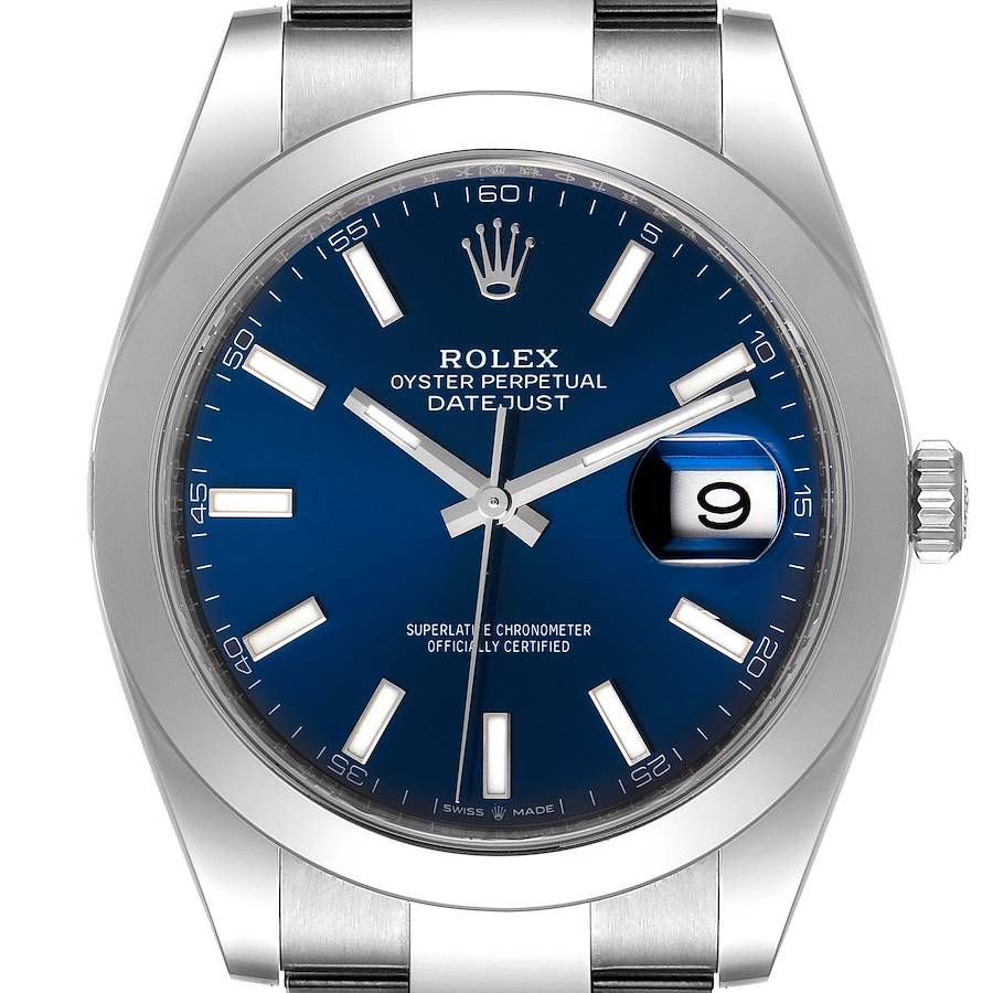 Rolex Datejust 41 Blue Dial Smooth Bezel Steel Mens Watch 126300 Box Card SwissWatchExpo