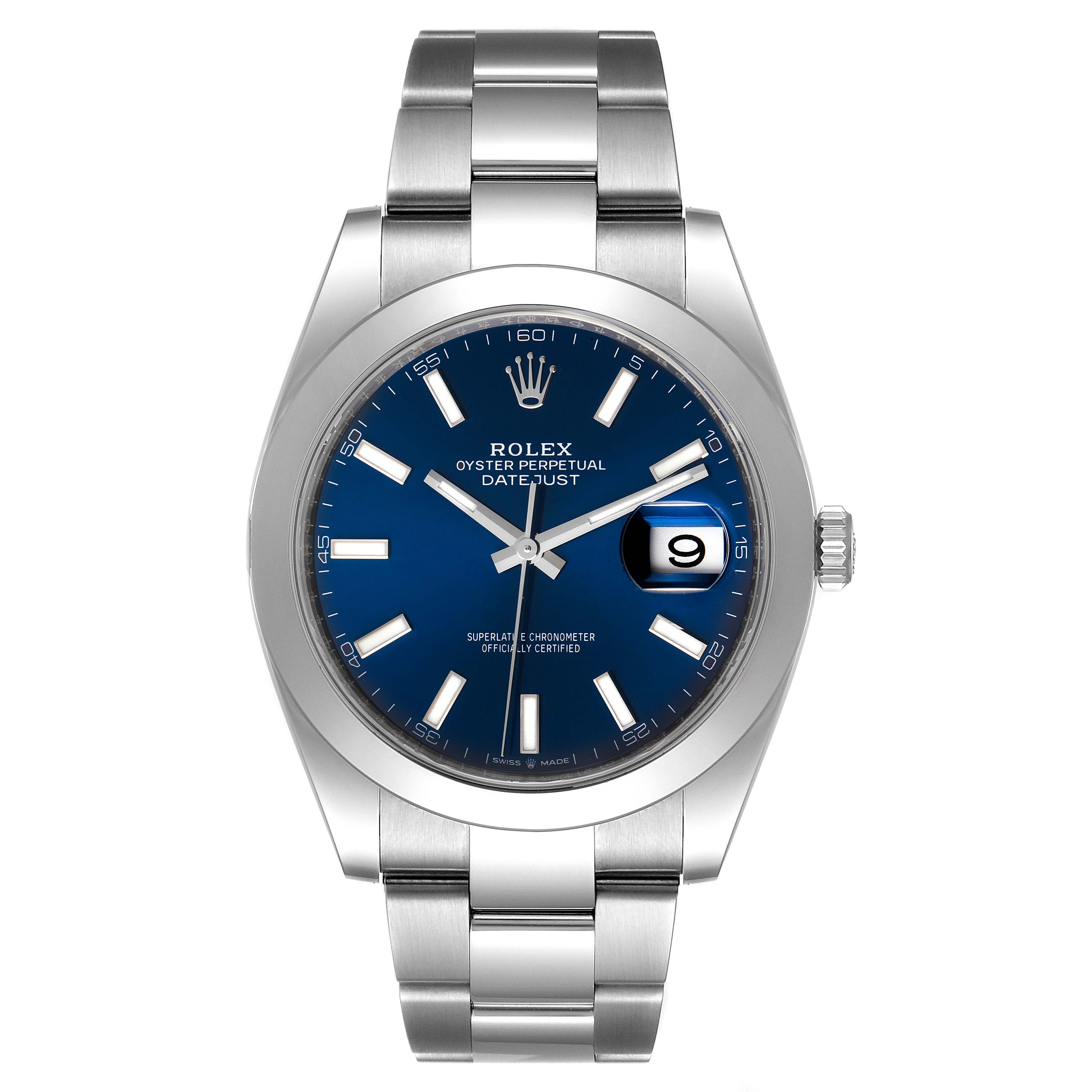 The image shows a Rolex Datejust 41 126300 Men's Stainless Steel Blue Dial 126300 Men's Stainless Steel Blue Dial model watch from a front angle, highlighting its blue dial, steel bracelet, and date display.