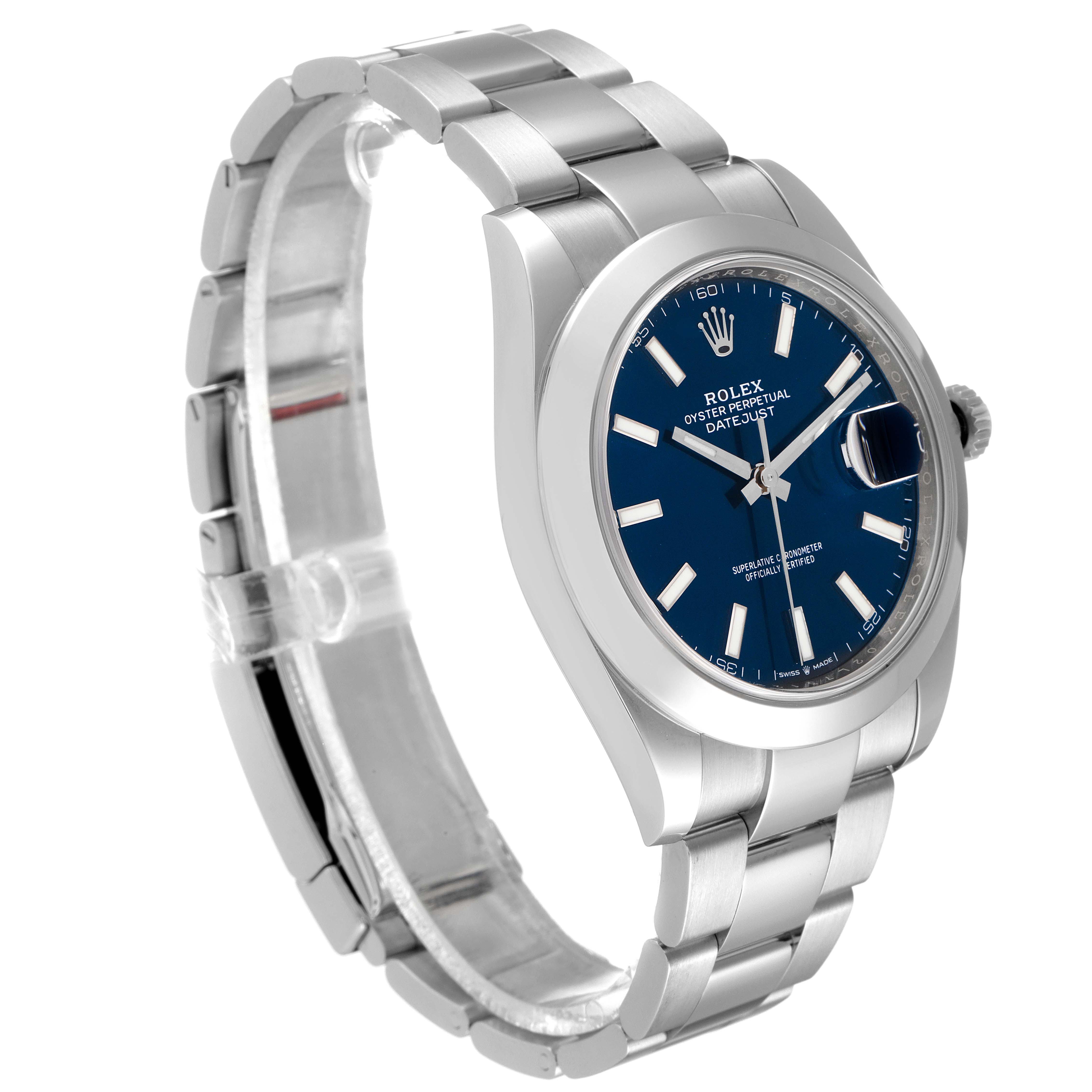 The image shows a Rolex Datejust 41 126300 Men's Stainless Steel Blue Dial 126300 Men's Stainless Steel Blue Dial model from a three-quarter angle, highlighting the dial, crown, and bracelet.