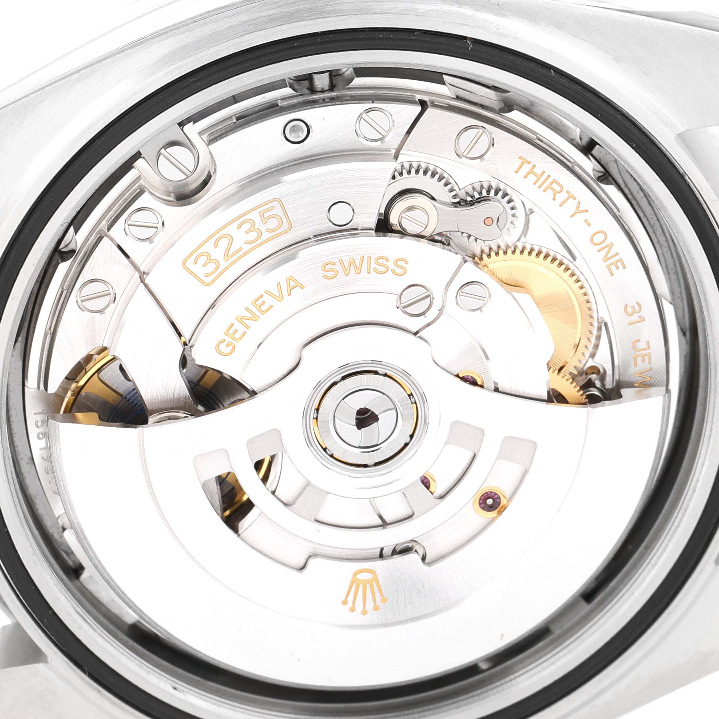 This image shows the Rolex Datejust 41 126300 Men's Stainless Steel Blue Dial 126300 Men's Stainless Steel Blue Dial's movement from a rear angle, highlighting the intricate internal mechanism.