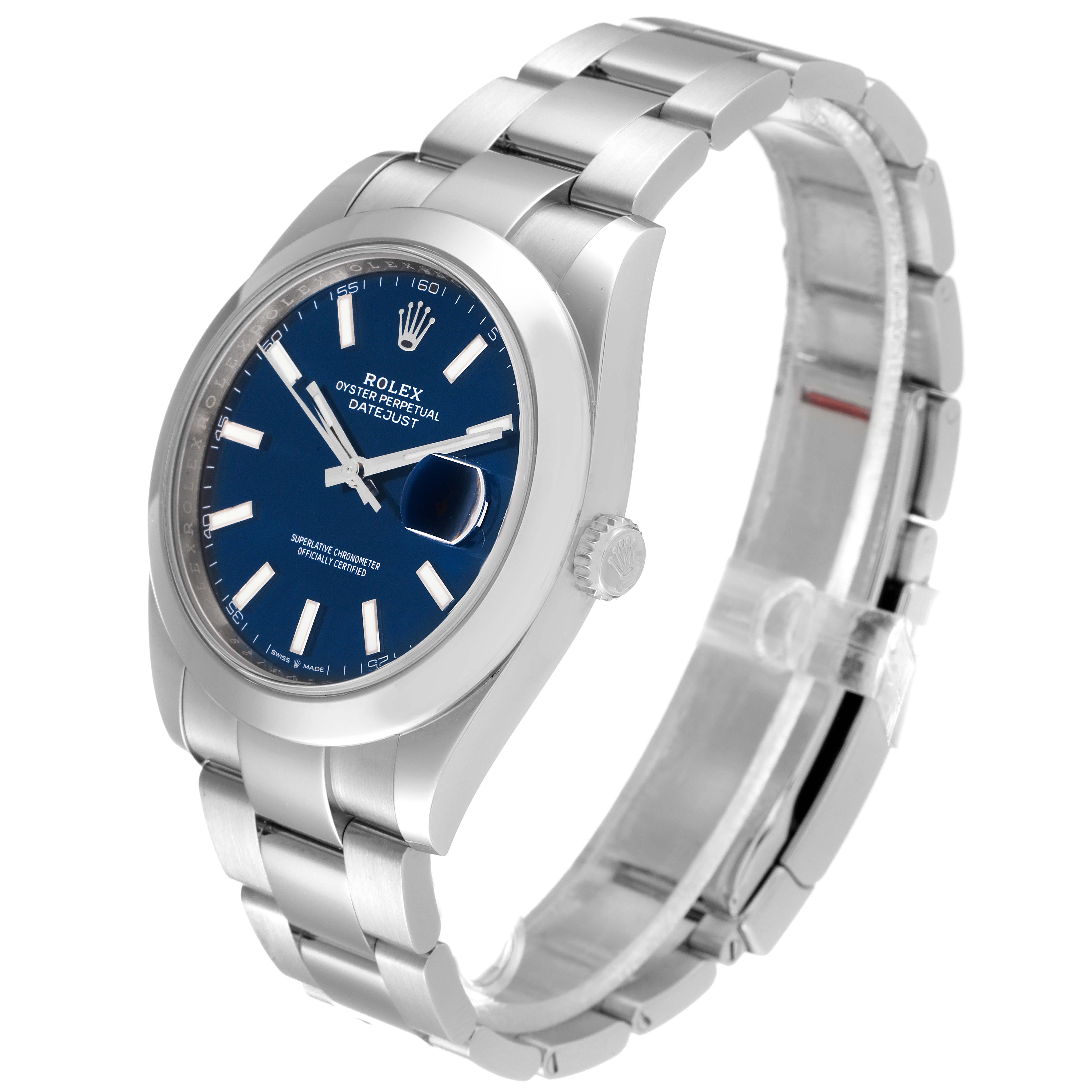 The image shows a side and front angle view of the Rolex Datejust 41 126300 Men's Stainless Steel Blue Dial 126300 Men's Stainless Steel Blue Dial watch, highlighting its blue dial, bracelet, and the crown of the watch.