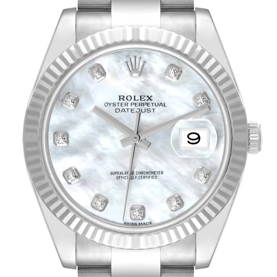 Rolex Datejust 41 Steel White Gold Mother Of Pearl Diamond Dial Mens Watch 126334 SwissWatchExpo