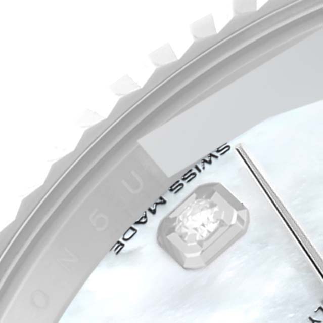 This close-up image of the Rolex Datejust 41 126334 Men's Stainless Steel Mother of Pearl Dial 126334 Men's Stainless Steel Mother of Pearl Dial showcases the dial, a diamond hour marker, part of the bezel, and "SWISS MADE" text.