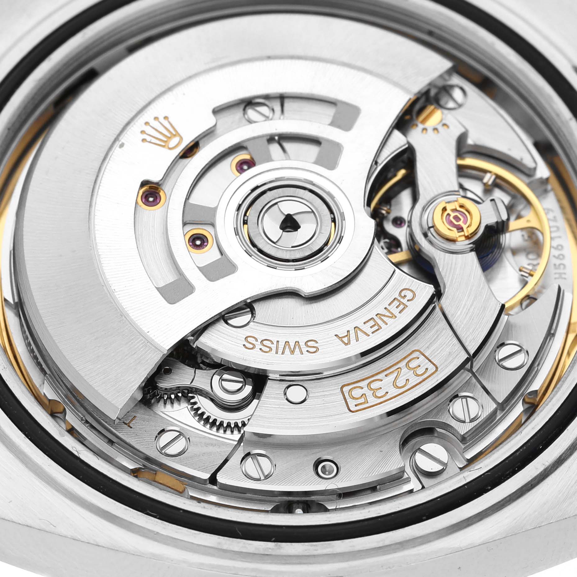 This image shows a close-up view of the movement mechanism inside a Rolex Datejust 41 126334 Men's Stainless Steel Mother of Pearl Dial 126334 Men's Stainless Steel Mother of Pearl Dial watch.