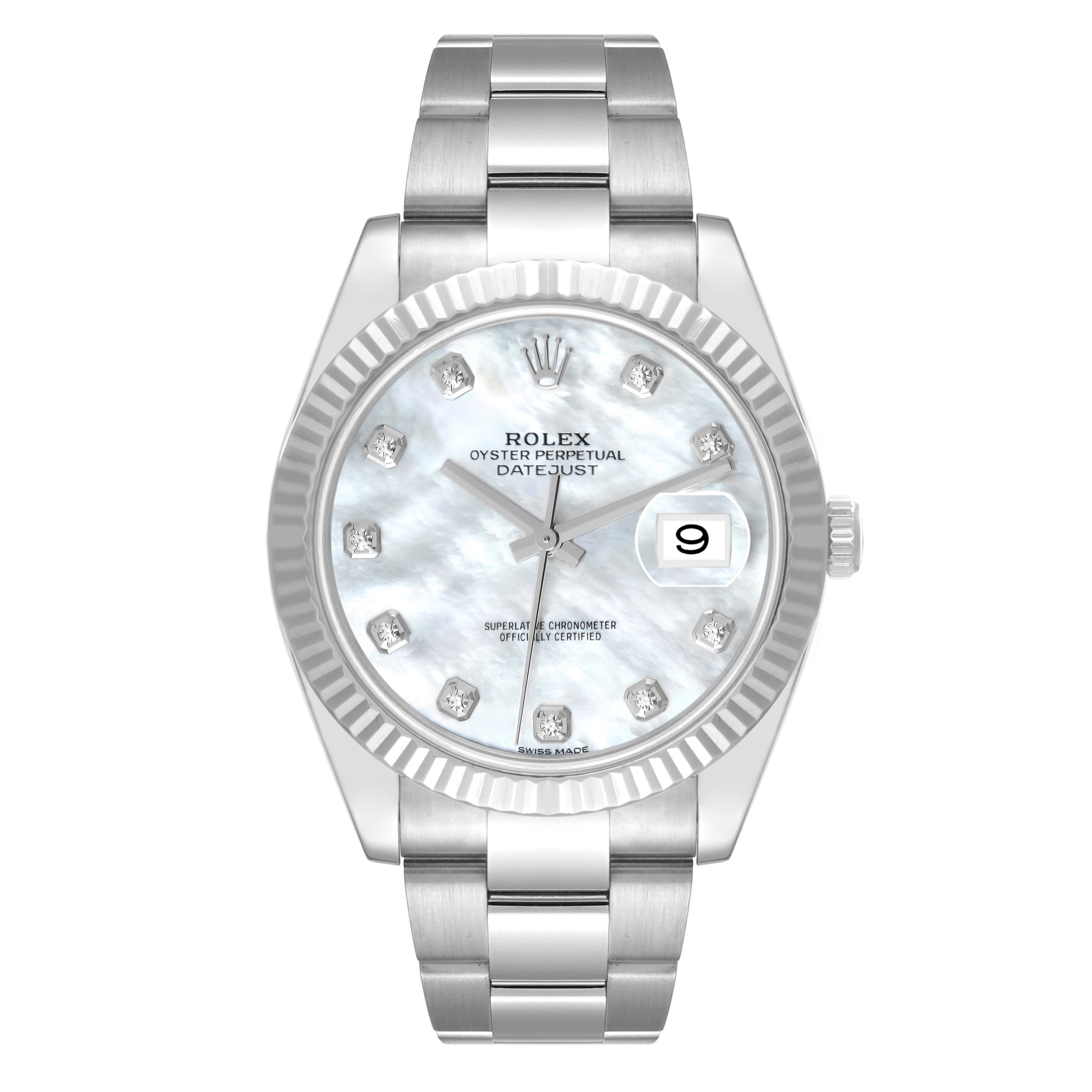 The image shows a front view of the Rolex Datejust 41 126334 Men's Stainless Steel Mother of Pearl Dial 126334 Men's Stainless Steel Mother of Pearl Dial watch, featuring its face, bezel, and bracelet.