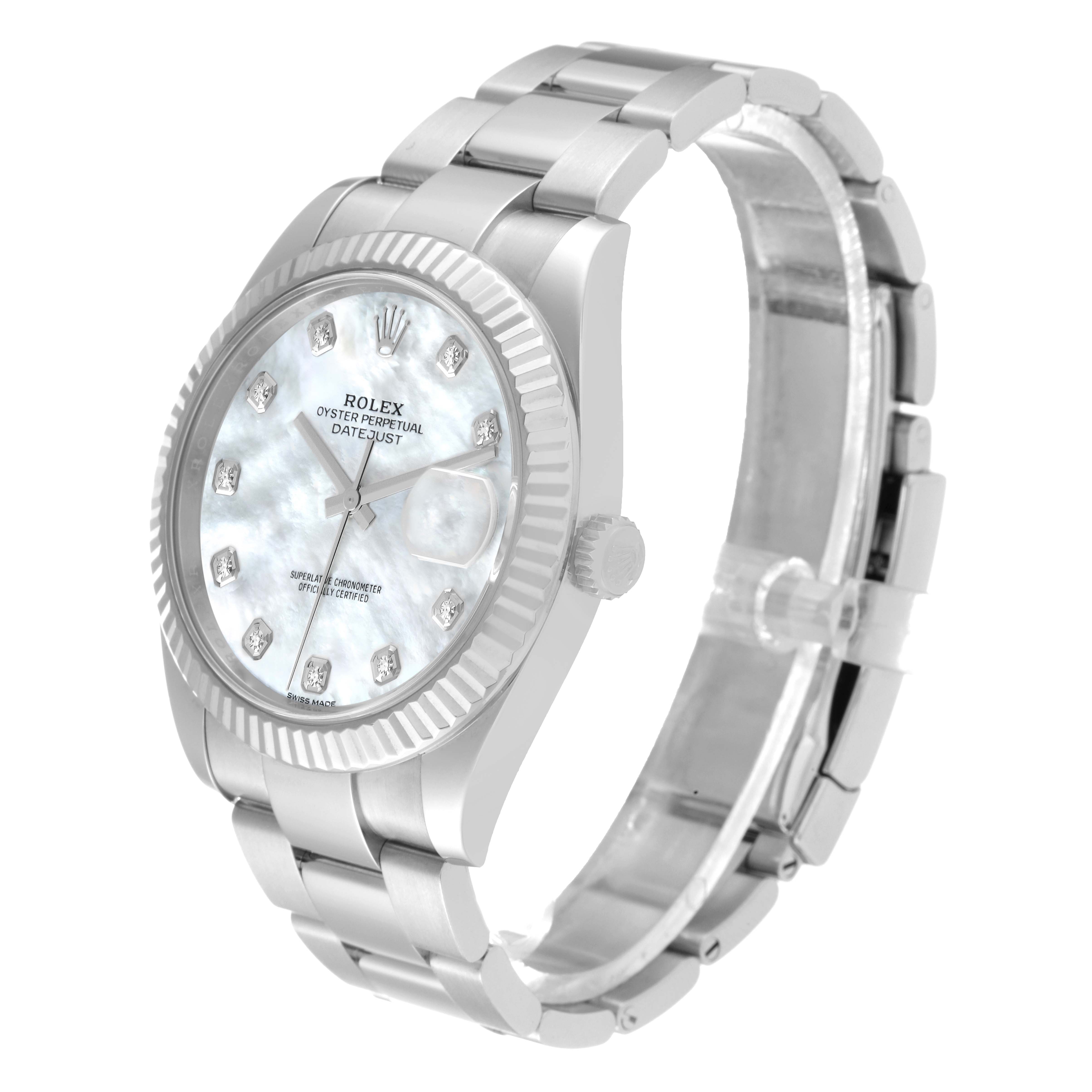 The Rolex Datejust 41 126334 Men's Stainless Steel Mother of Pearl Dial 126334 Men's Stainless Steel Mother of Pearl Dial watch is shown at a three-quarter angle, highlighting the dial, fluted bezel, and bracelet.