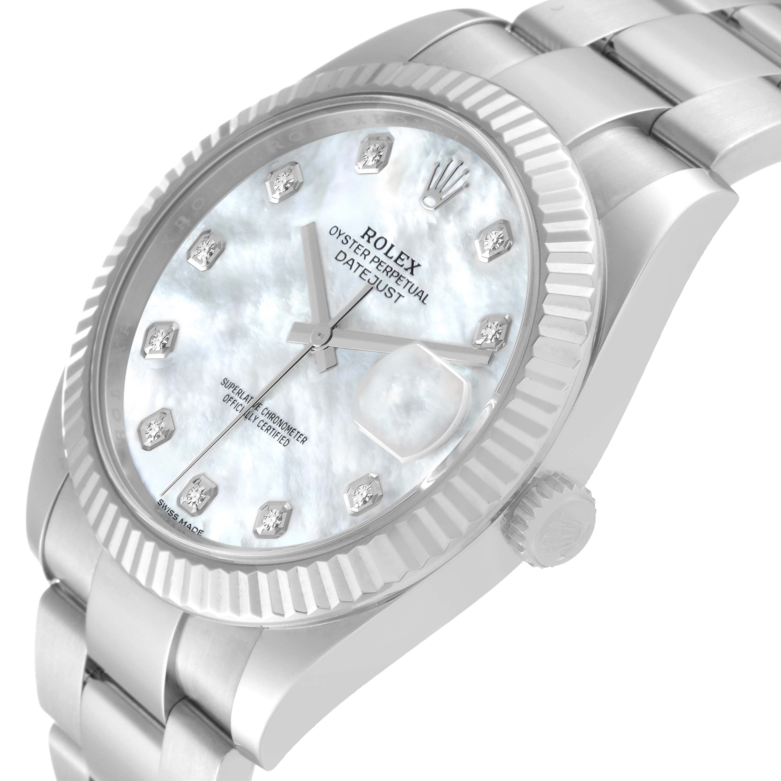 The Rolex Datejust 41 126334 Men's Stainless Steel Mother of Pearl Dial 126334 Men's Stainless Steel Mother of Pearl Dial watch is shown at an angle highlighting the face, bezel, and bracelet.