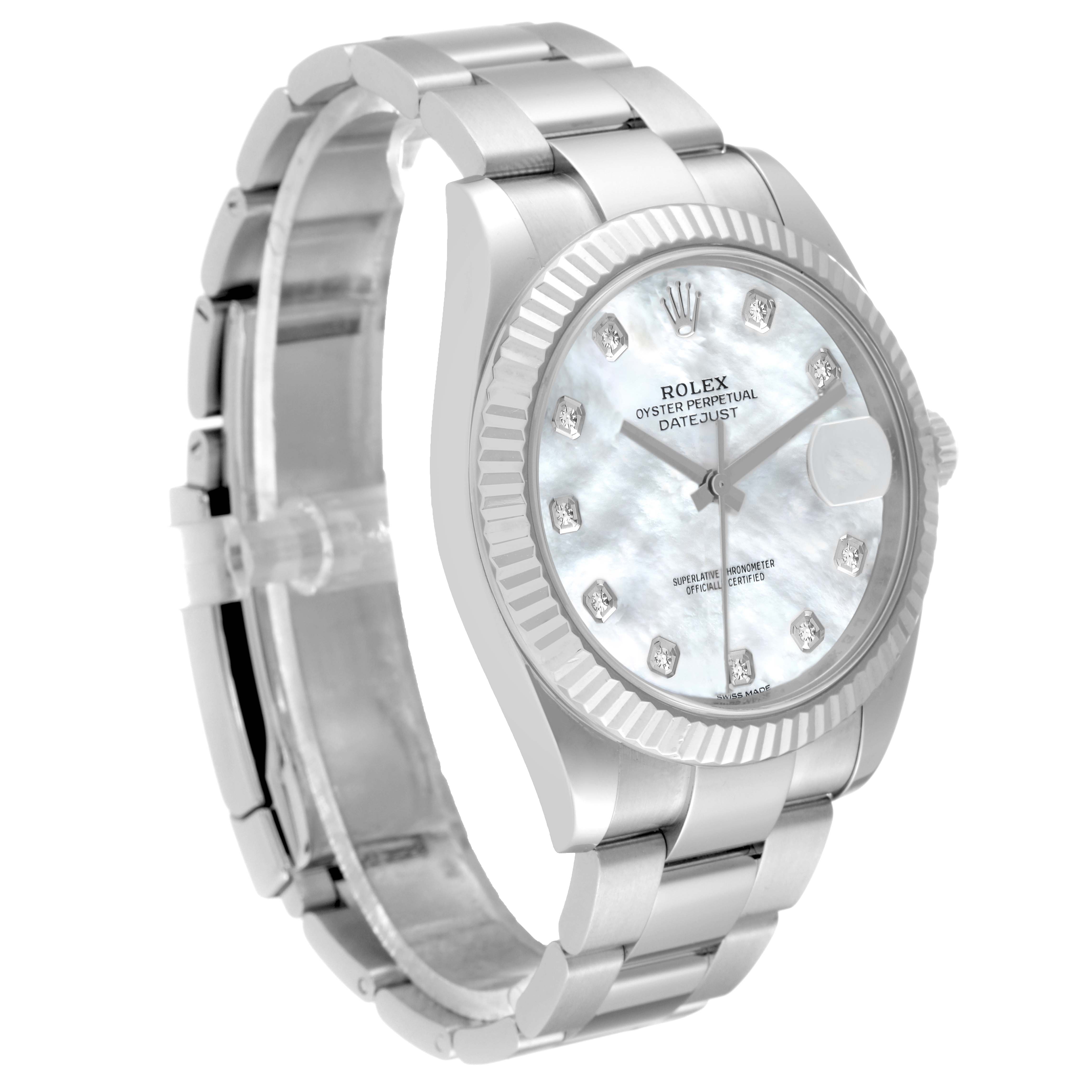 The Rolex Datejust 41 126334 Men's Stainless Steel Mother of Pearl Dial 126334 Men's Stainless Steel Mother of Pearl Dial watch is shown at a slight angle, displaying the face, bracelet, and part of the bezel.