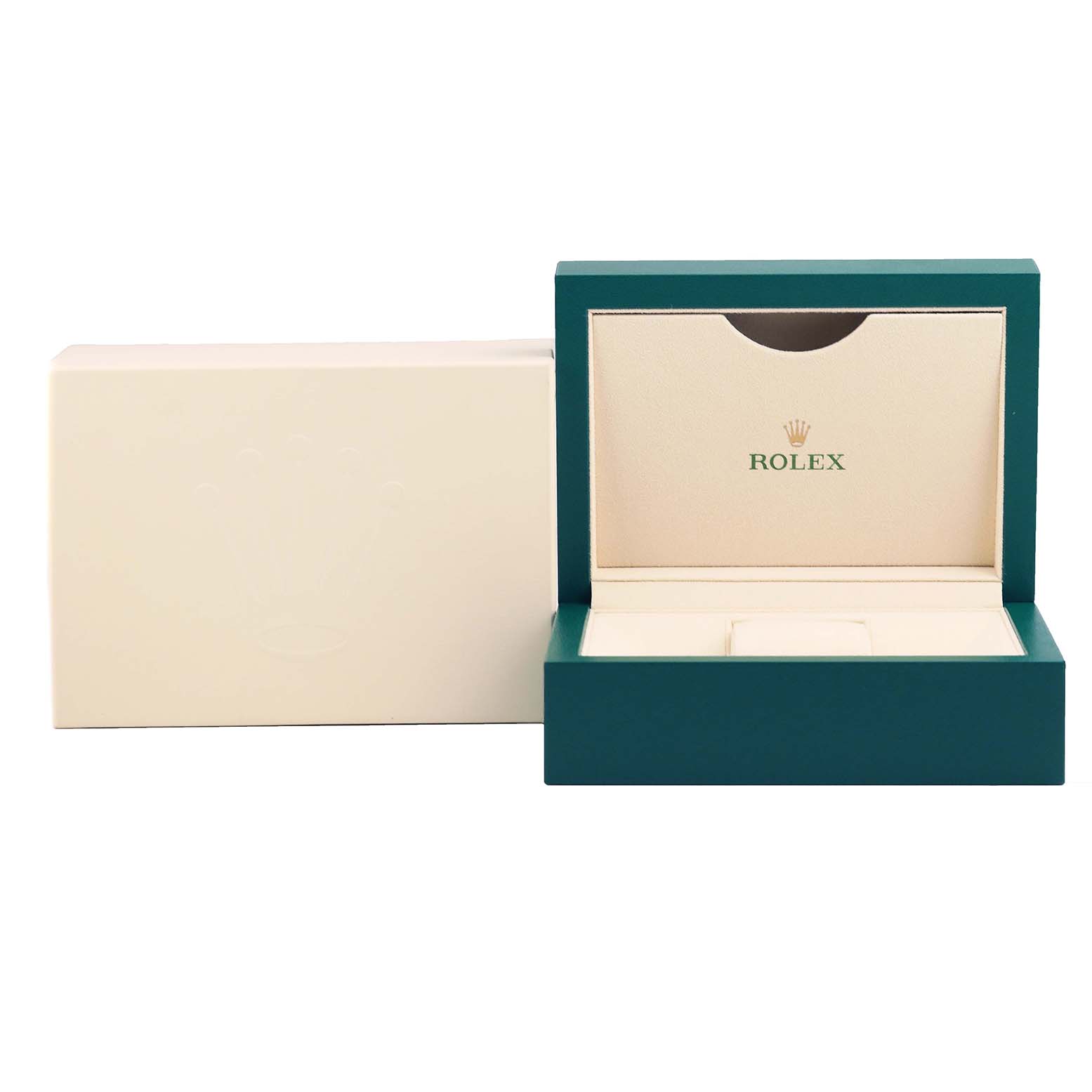 The image shows an empty Rolex Datejust 41 126334 Men's Stainless Steel Mother of Pearl Dial 126334 Men's Stainless Steel Mother of Pearl Dial watch box and outer packaging from a front angle.