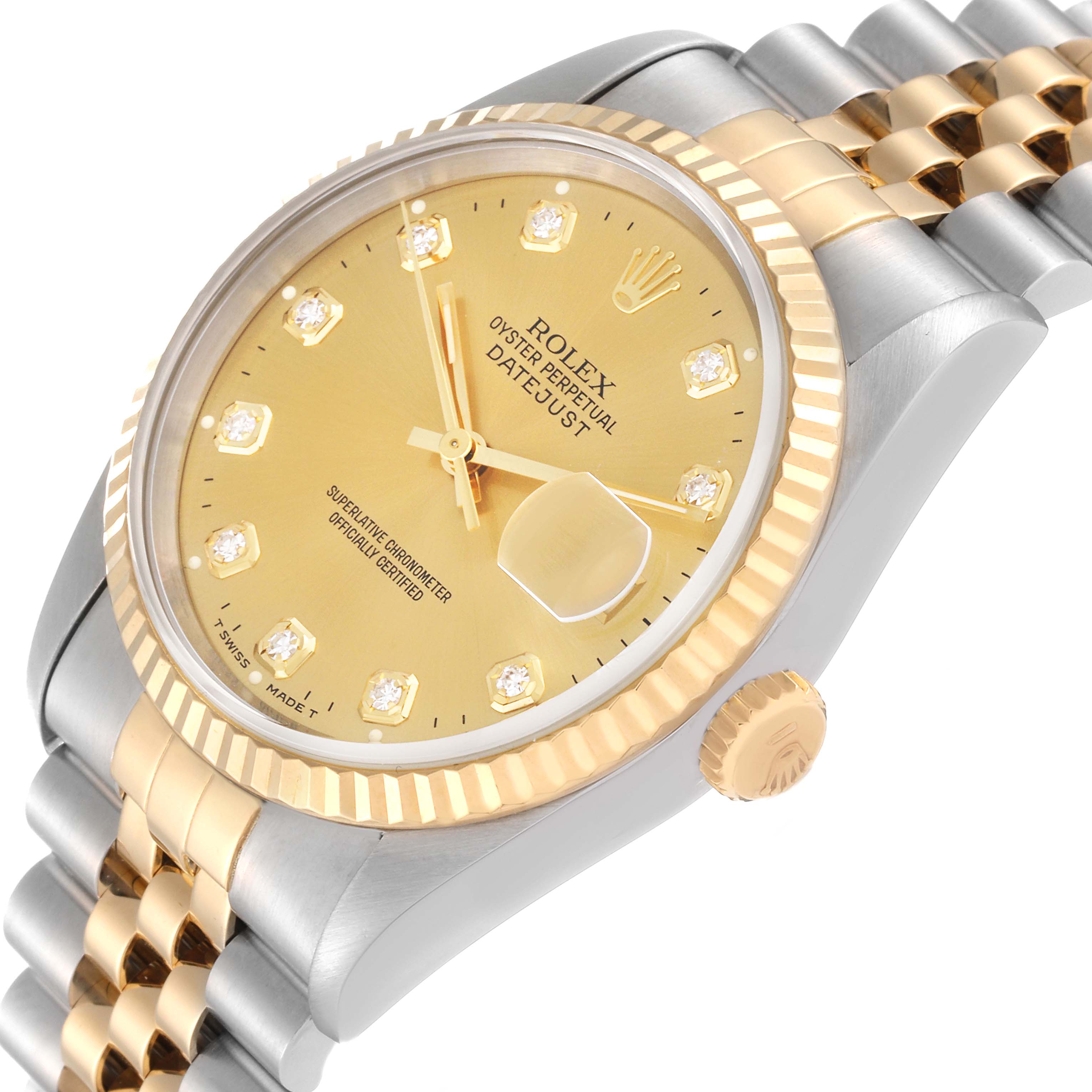 This image shows a Rolex Datejust 16233 Men's Steel and Gold (two tone) Champagne Dial 16233 Men's Steel and Gold (two tone) Champagne Dial watch at an angled top-down view, focusing on the yellow dial, gold bezel, and two-tone bracelet.