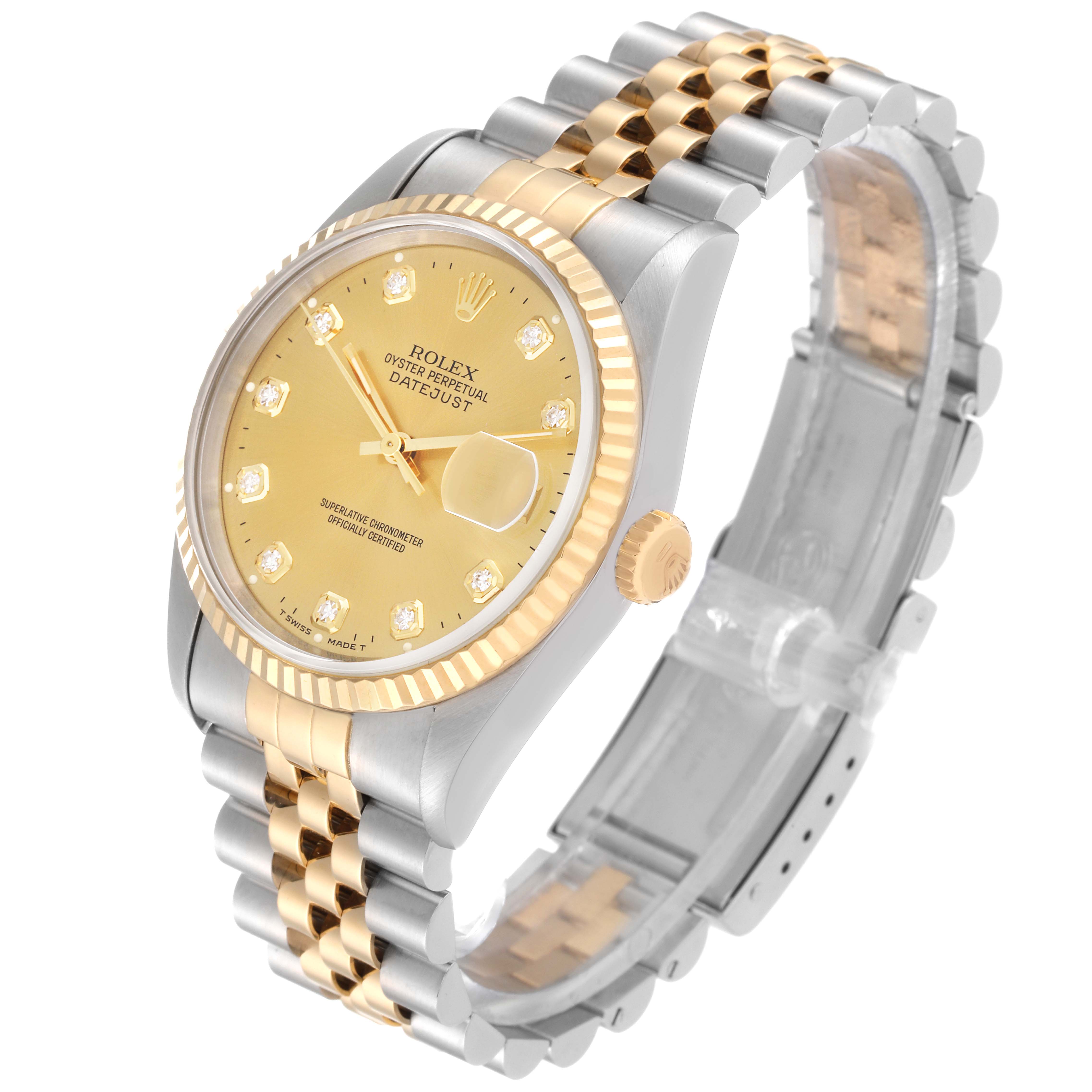 This image shows the front and side angle of a Rolex Datejust 16233 Men's Steel and Gold (two tone) Champagne Dial 16233 Men's Steel and Gold (two tone) Champagne Dial watch, highlighting its gold dial, diamond hour markers, fluted bezel, and Jubilee bracelet.