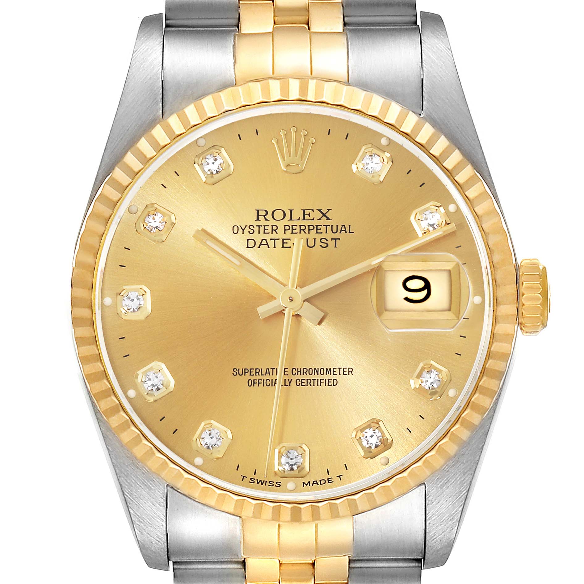 The image shows the dial and a portion of the bracelet of the Rolex Datejust 16233 Men's Steel and Gold (two tone) Champagne Dial 16233 Men's Steel and Gold (two tone) Champagne Dial watch from a straight-on angle.
