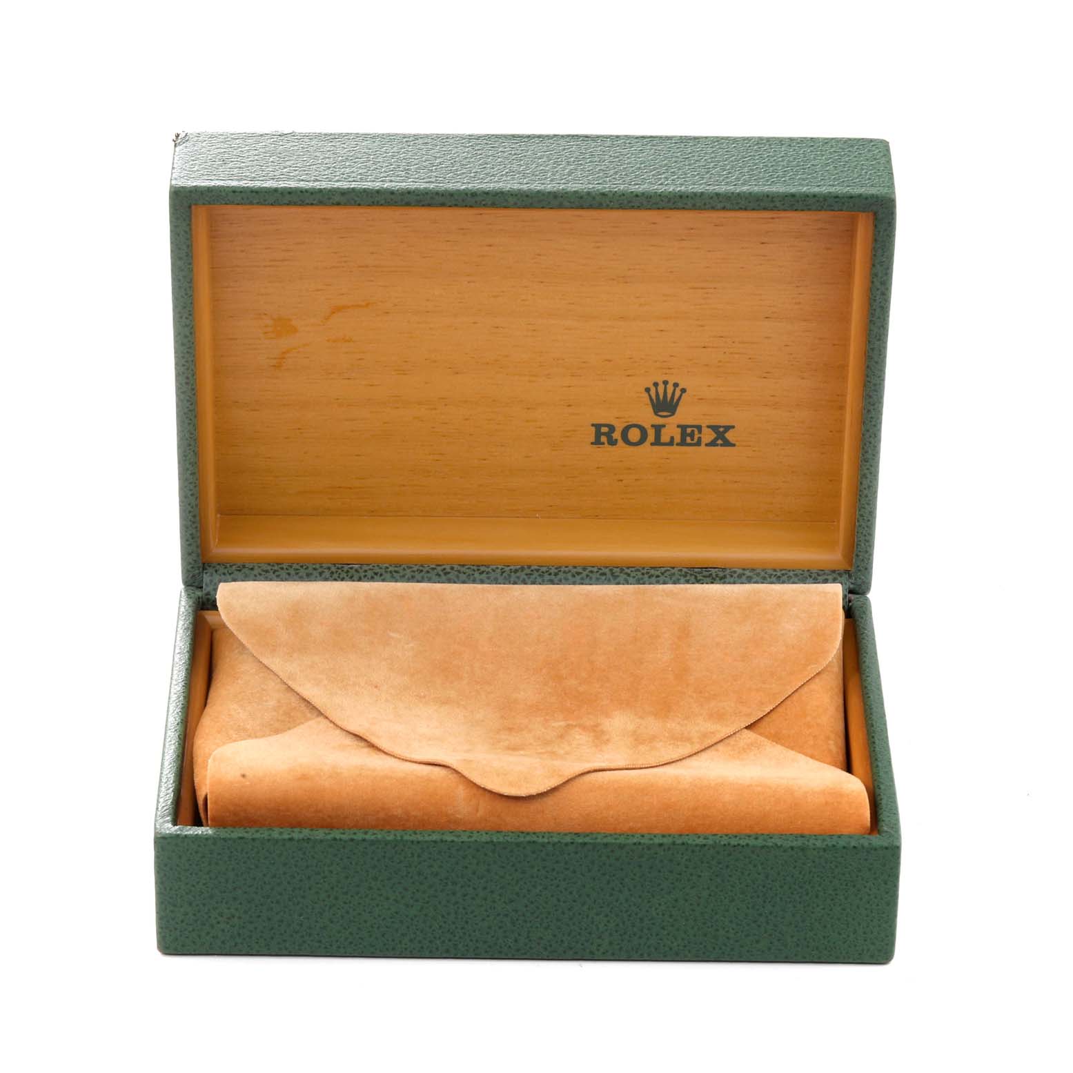 The image shows an open Rolex watch box with a pouch inside, intended for a Datejust model watch.
