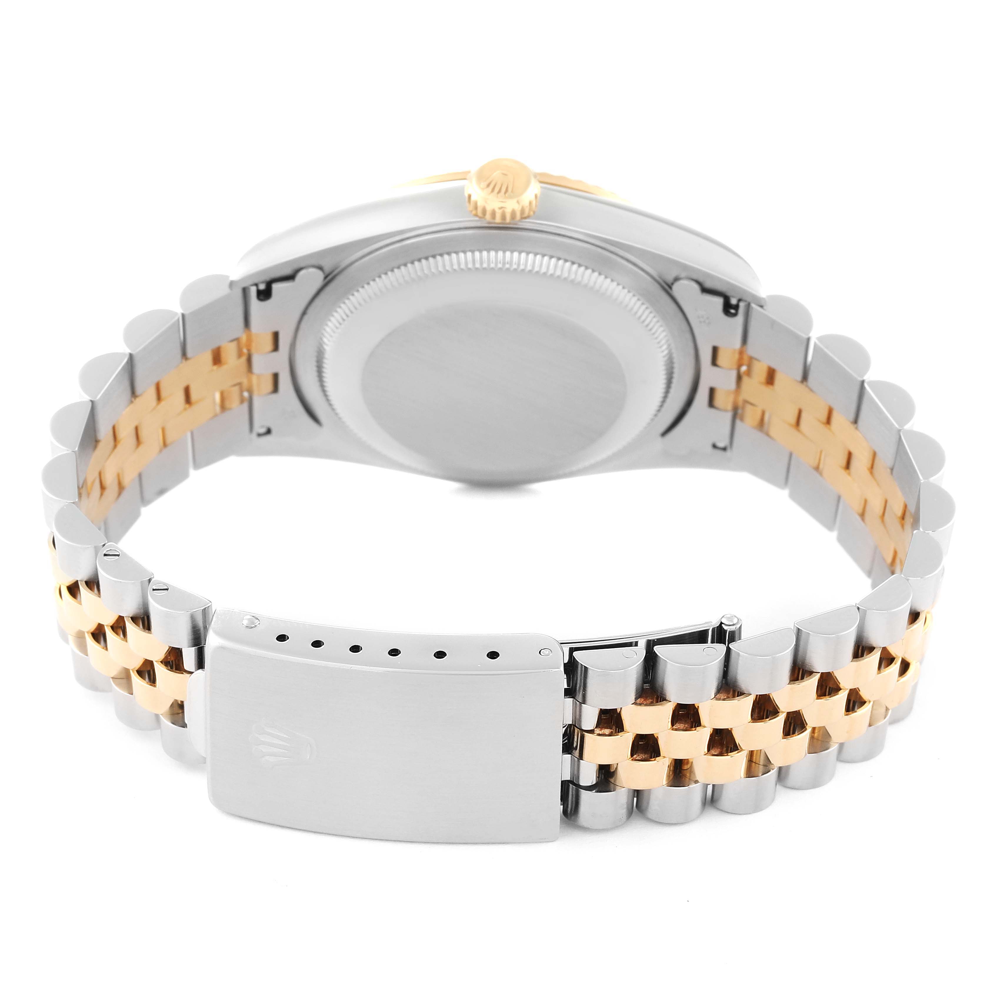 The image shows the back view of a Rolex Datejust 16233 Men's Steel and Gold (two tone) Champagne Dial 16233 Men's Steel and Gold (two tone) Champagne Dial watch, including the case back, crown, and Jubilee bracelet.